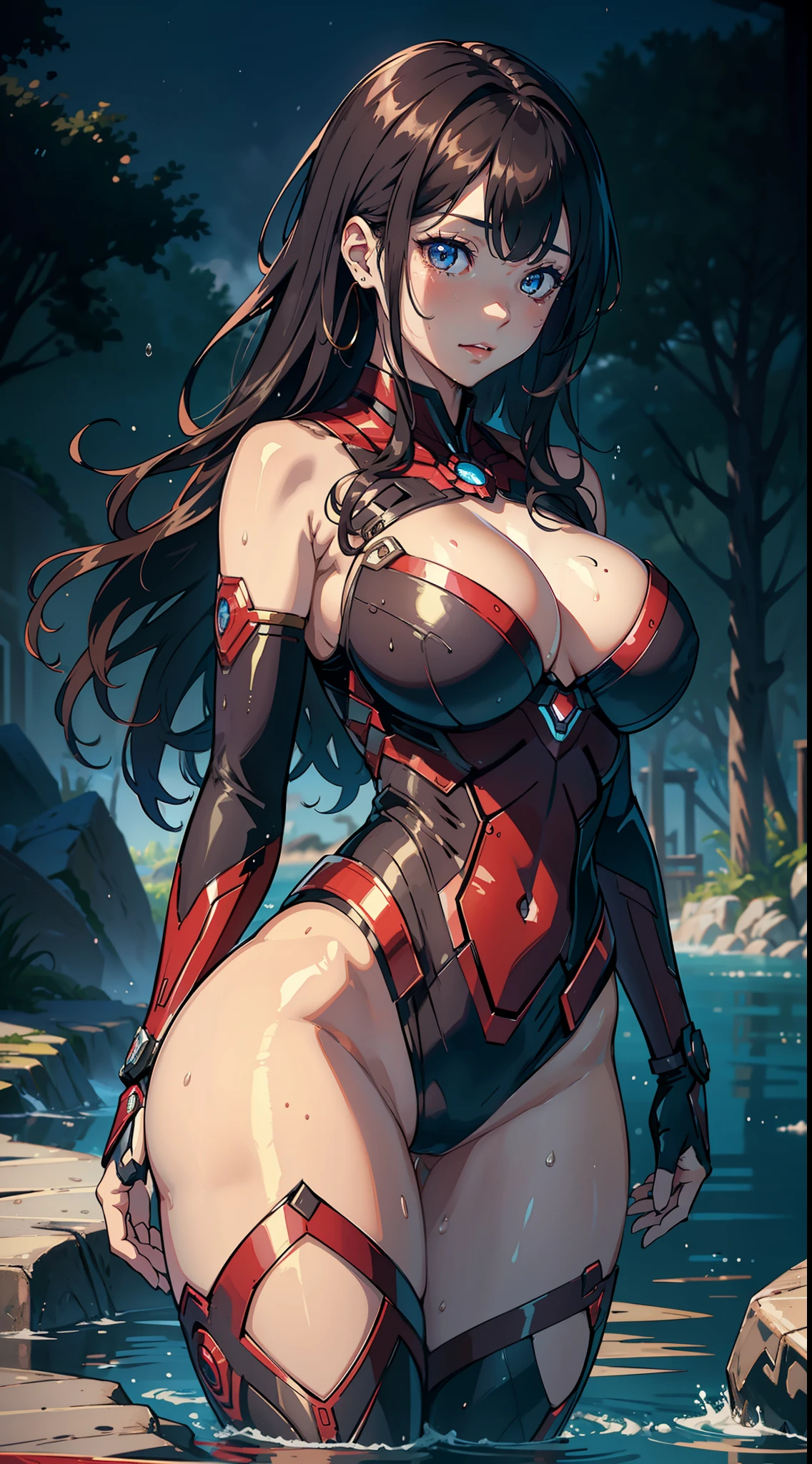 1girll,Huge breasts, 独奏, She's wet, Erotic Blue Iron Man uniform,Supergirl,Take aphrodisiacs,Lewd expression, exteriors, Skysky, brunette color hair,long hair flowing, exposed bare shoulders, standing on your feet,Bigchest, wetclothes, From the front side, curlies, mostly cloudy sky, Wet hair (((tmasterpiece),(Very detailed CG unity 8K wallpaper),best qualtiy,Open-mouthed,独奏,1girll,cinmatic lighting,detailed back ground,beatiful detailed eyes,Bright pupils,(Very fine and beautiful),(Beautiful and detailed eye description),ultra - detailed,tmasterpiece,)),facing at camera,Leakage out of the breast,Expose the genitals,nakeness,leering,Protruding underparts,Camel toes,cleavage,legs are open,Climactic expression,Cocked buttocks