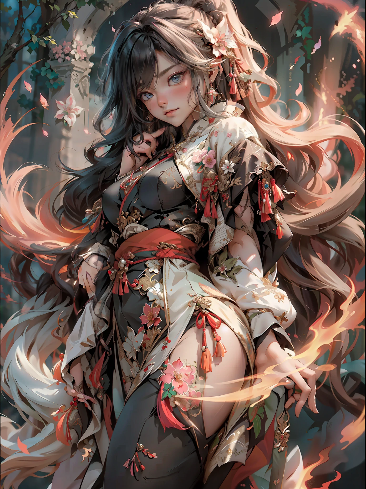 (RAW photos,best qualtiy),(realisticlying,photograph realistic:1.3),Extremely refined and beautiful,astounding,finedetail,tmasterpiece,hyper-detailing,A high resolution,(Most Best Illustration),(best shadow),iintricate,(In a crimson gold Chinese dragon,There is gold dust around,Black flowers,the trees,petals,ventania,Oh, God,Long wavy body,fang,fanciful,mito,high high quality,highly detailed,tmasterpiece,epic,particle effect,Dynamic effects,(drak:1.4)Front),Clouds,firestorm,mountain ranges,the sunset,sharp fokus, volume fog, 8K UHD, digital SLR camera, high qulity, (filmgrain:1.4), 富士XT3,offcial art, Unity8k wallpapers, ultra - detailed, Beautiful and beautiful, best qualityer, (Zen entanglement, tangled, entangled), (s fractal art: 1.4), 1girll, brunette color hair, chino, Splendid robes, The is very detailed, dynamic angle, (The most beautiful chaotic shape), flowing, (Bright colors), OC, (halfway: 1.2), Chinese big breasts, (tape: 1.3), (dream: 1.5), (Hanfu: 1.5), chinesedragon,(ssmile: 0.5), (Chinese God), realisticlying, 超A high resolution, 复杂, hyper-detailing, (dent in the skin), femele, (Detailed face: 1.1), (contoured iris), (Watercolor lenses), (perfect eyes), 4k, opulent, (tmasterpiece: 1.2), (best qualtiy:1.2),