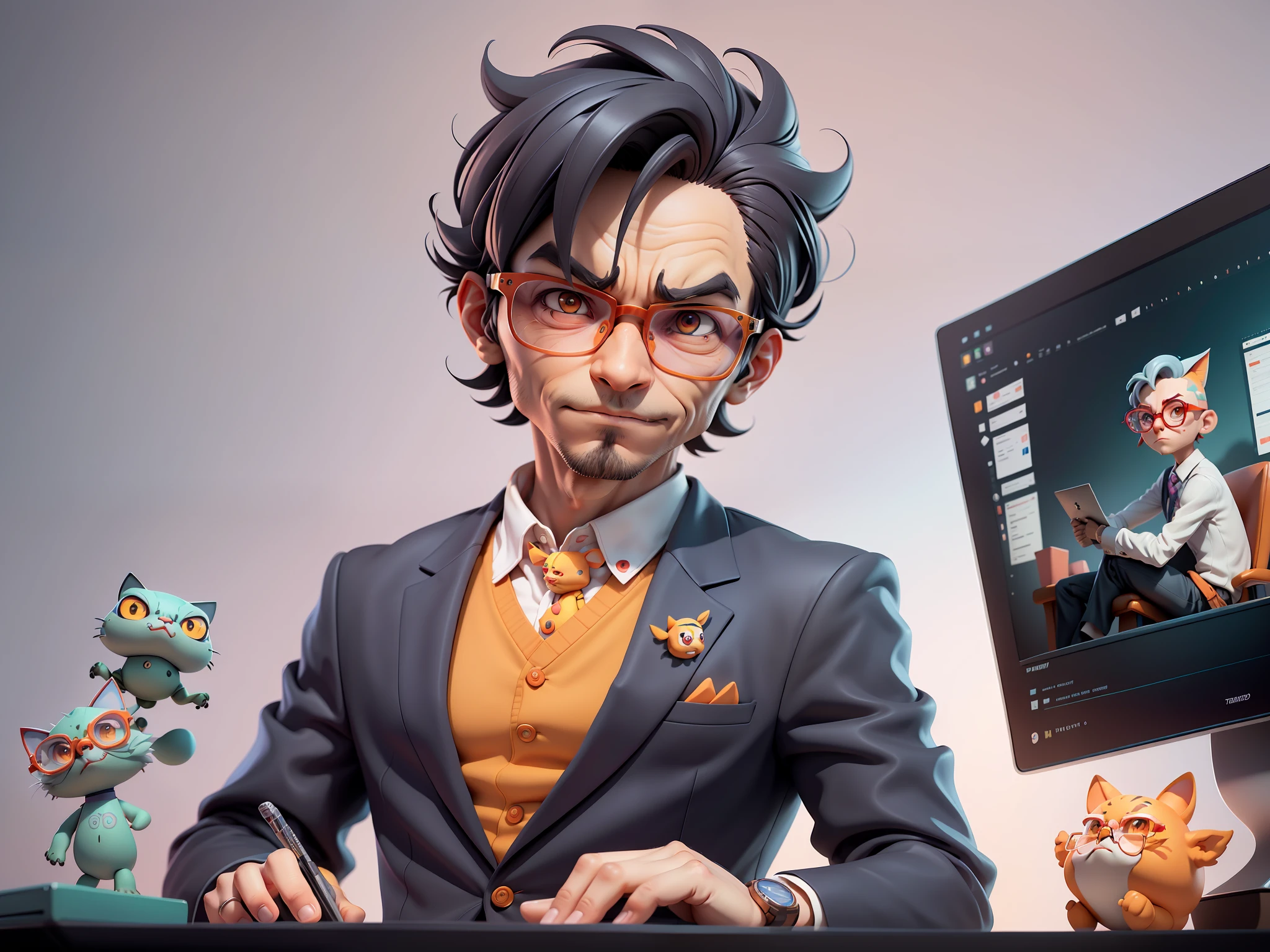 A young man in a suit, Short hair and glasses sat at his desk,holding laptop,digitial painting,tigre,3D character design by Mark Clairen and Pixar and Hayao Miyazaki and Akira Toriyama,4K HD illustration,Very detailed facial features and cartoon-style visuals。