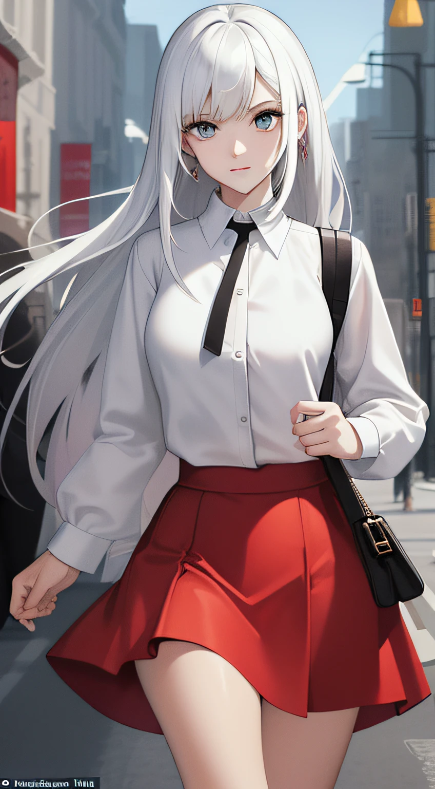 (Masterpiece:1.2, Best quality), (Intricate details) 1gril,Solo,(White shirt:1.4),(red micro skirt:1.3),Walk the streets of the city