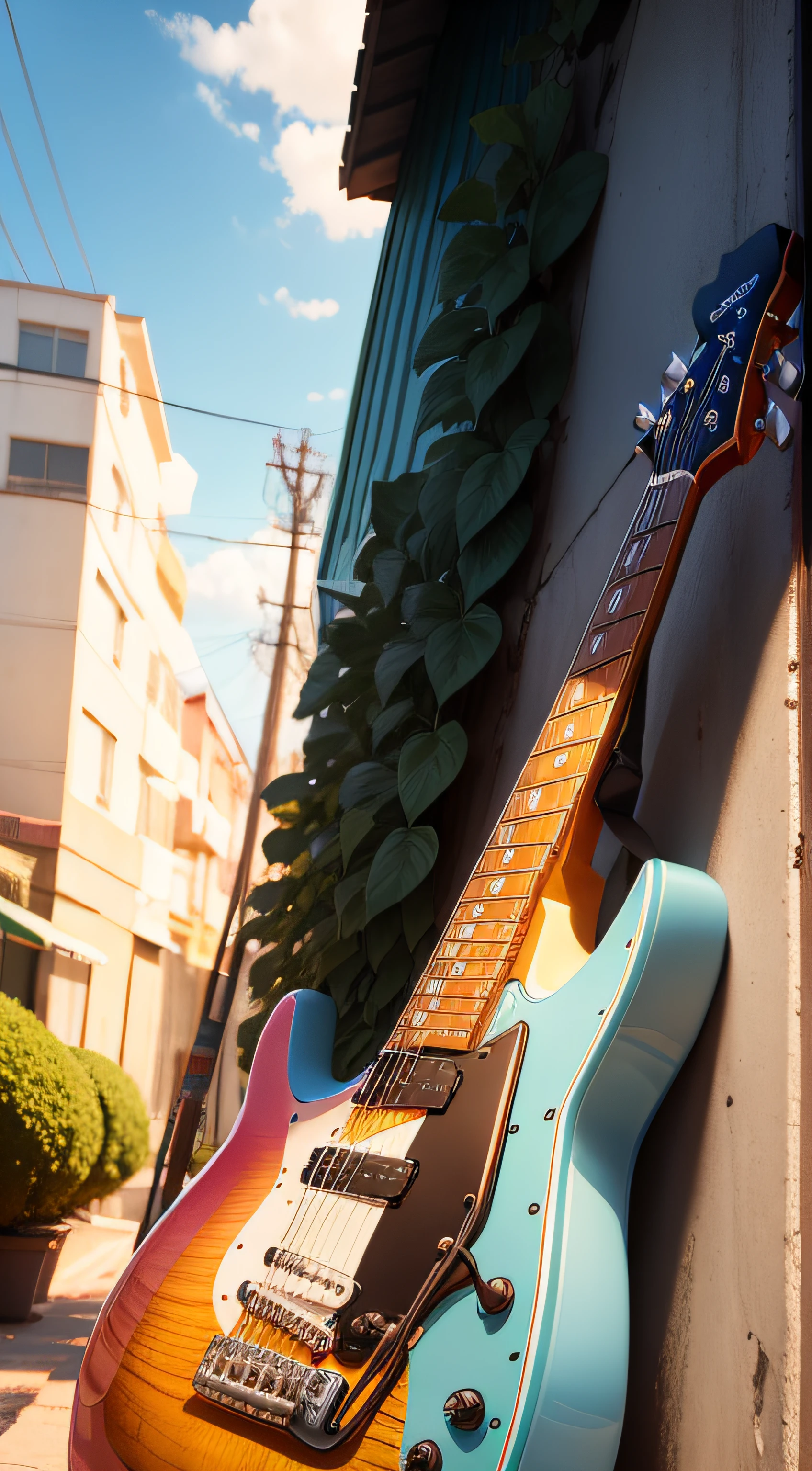 Guitar made of watermelon,poster for,freshen,style of anime,Eau,Skysky