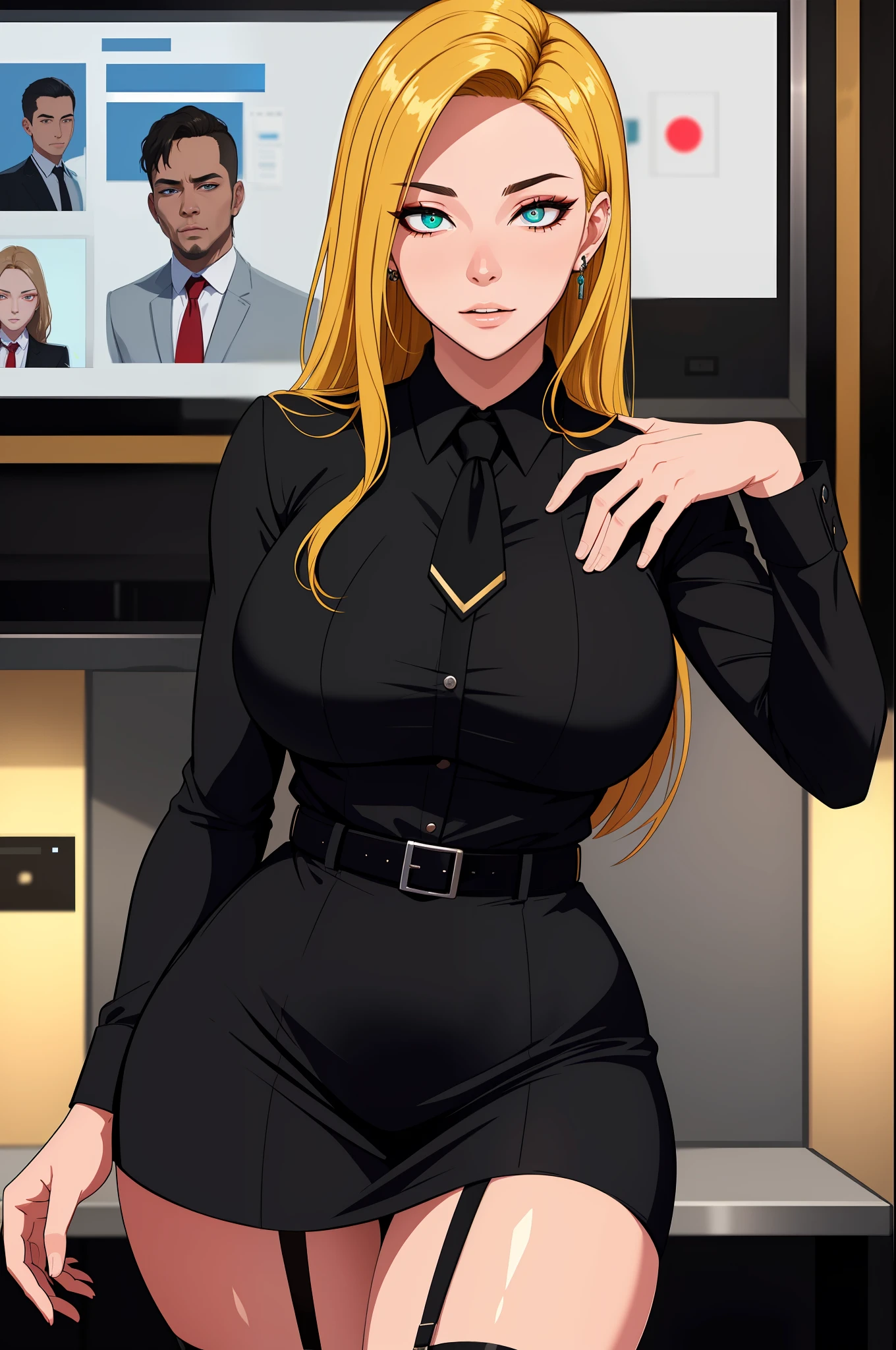 (masterpiece, highres, best quality:1.2), 8K, highly detailed, intricate, colorful, vibrant image, sharp focus, cinematic)  blonde hair, long hair, green eyes, body builder (Wearing black business outfit, black_collared shirt cropped jacket ,tie,necktie,black frilled skirt, garter straps, leather waist belt) (big perfect round breasts,hourglass body, thin waist,very thin waist, Photo realistic,(hyperrealistic:1)beautiful, masterpiece, best quality, extremely detailed face,perfect face,beautiful face, perfect lighting,detailed eye makeup, detail face, nice detailed eyes,nice hands, perfect hands,glowing eyes (realistic pupils,realistic iris:1) heavy eye makeup,(empty Casino)(Posing dynamically)