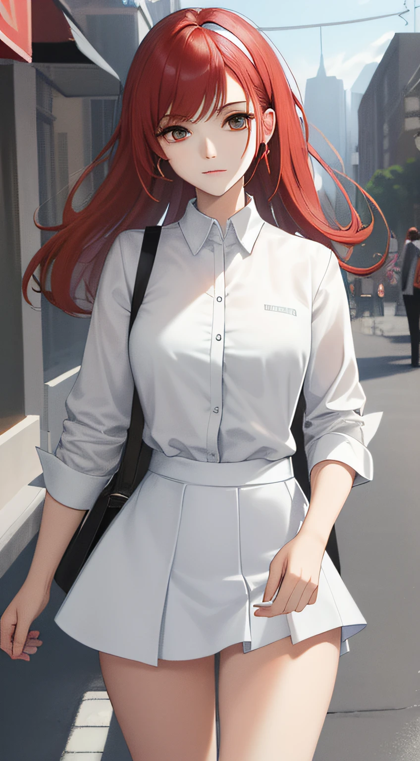 (Masterpiece:1.2, Best quality), (Intricate details) 1gril,Solo,(White shirt:1.4),(red micro skirt:1.3),Walk the streets of the city
