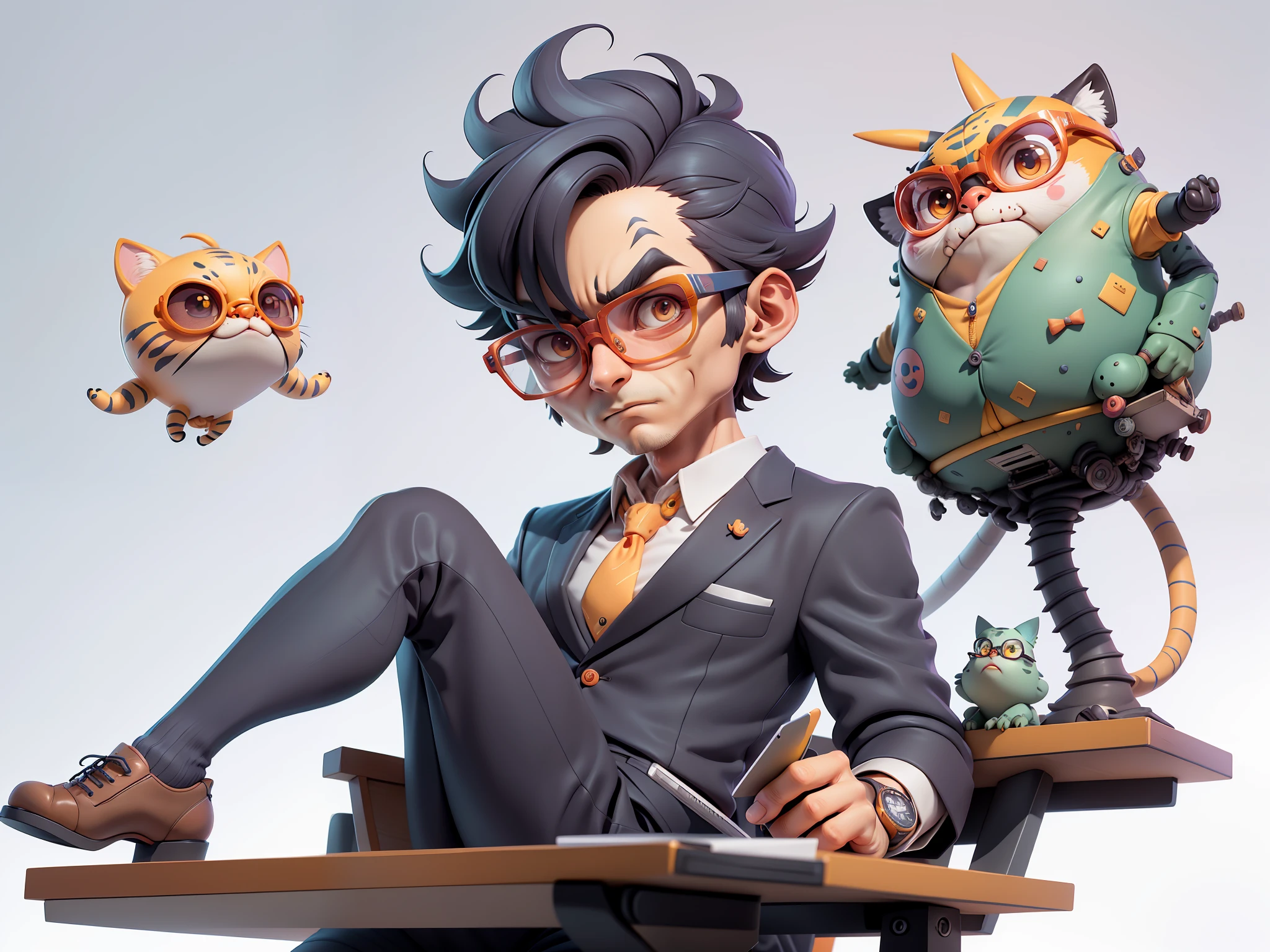 A young man in a suit, Short hair and glasses sat at his desk，holding laptop，digitial painting，tigre，3D character design by Mark Clairen and Pixar and Hayao Miyazaki and Akira Toriyama，4K HD illustration，Very detailed facial features and cartoon-style visuals。