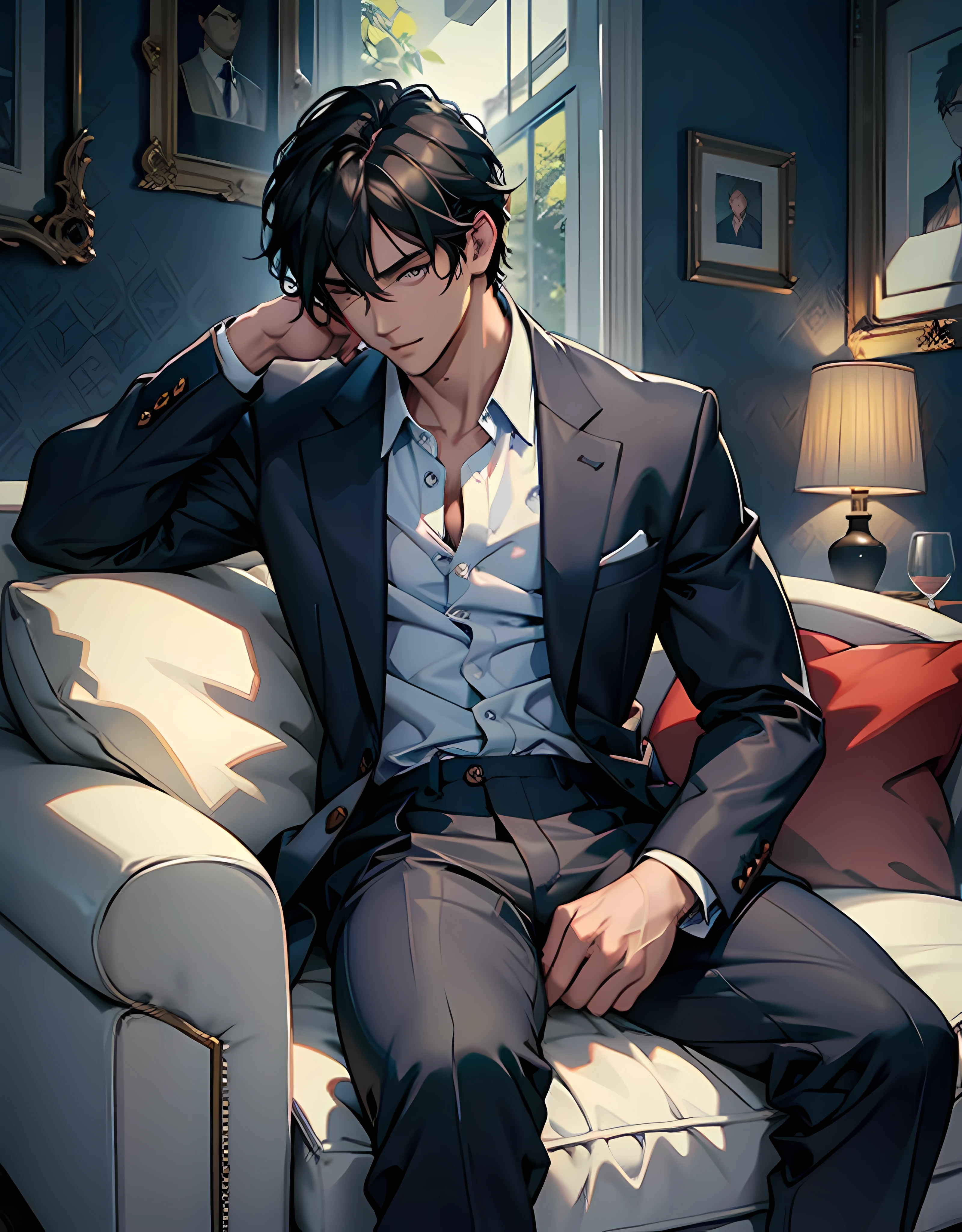1male people、Adults、a handsome、tall muscular man、broad shoulder、Detailed eyes and detailed face、top-quality, ​masterpiece, hight resolution, Male Focus,suits、coat、sit on sofa、Mystical lighting、Ethereal Atmosphere、dressed casually, The shirt、jaket、JINS、closed clothes、natural soft light、darker shadows、Living Loo、Move ki、Refreshing、a couple、both sexes