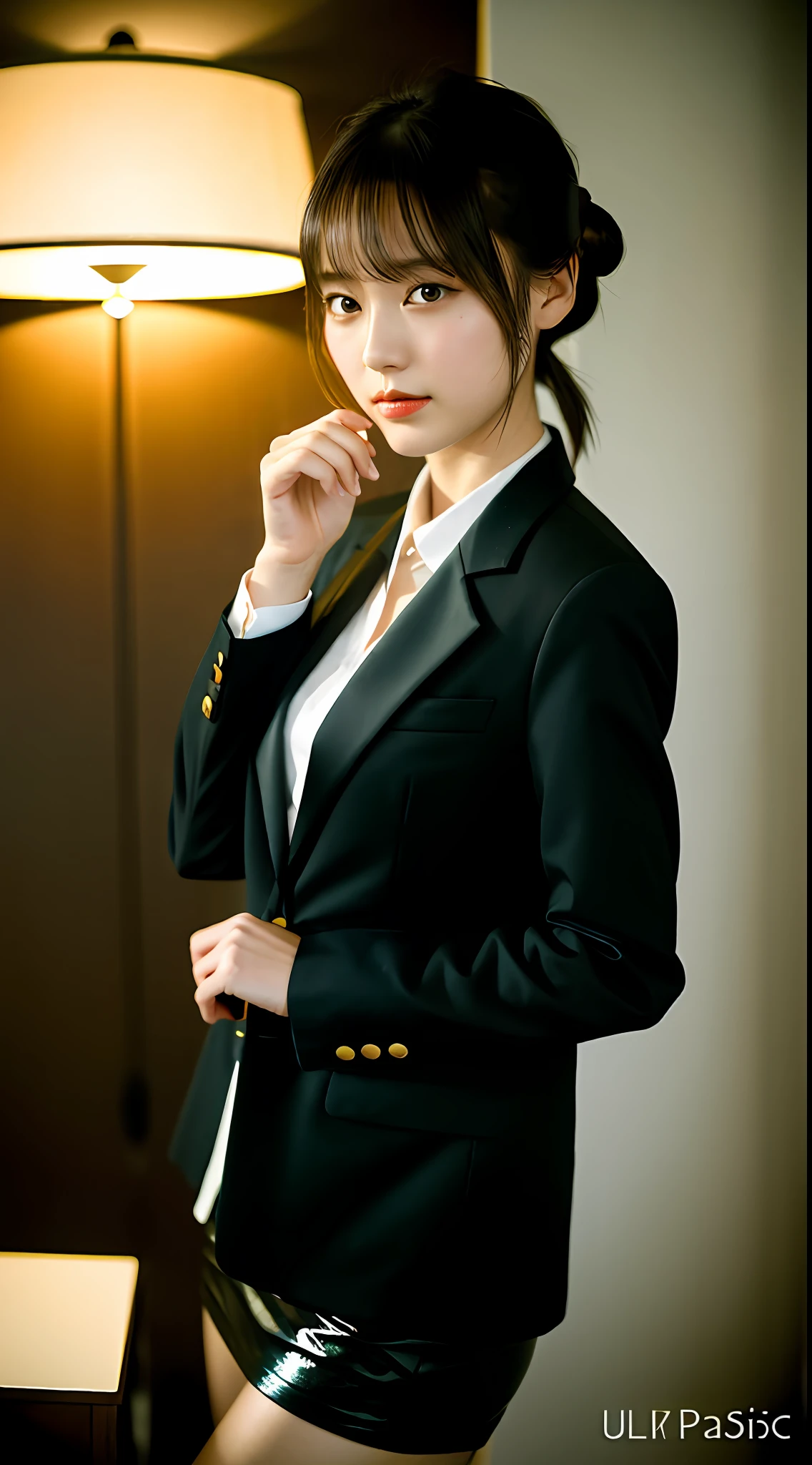 top-quality, masterpiece, 1girl in, beautiful countenance, (photographrealistic:1.3), Rim Lighting, (High Detail Skins:1.2), 8K UHD, Digital SLR, hightquality, hight resolution, bokeh dof, absurderes, best ratio four finger and one thumb, (realisitic:1.3), Cute Japan 1 Girl, Wearing a black formal blazer, middlebreast, a short skirt,Small face、Delicate figure