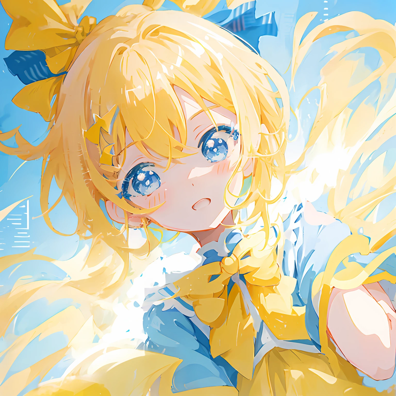 Anime girl with blonde hair and blue dress with yellow bow, Anime moe art style, Splash art anime Loli, zerochan art, Anime style portrait, style of anime4 K, Cute anime girl portrait, anime visual of a cute girl, , cute anime girl portraits, Loli, High quality anime art style, portrait anime girl, , Anime art style,pointy ears