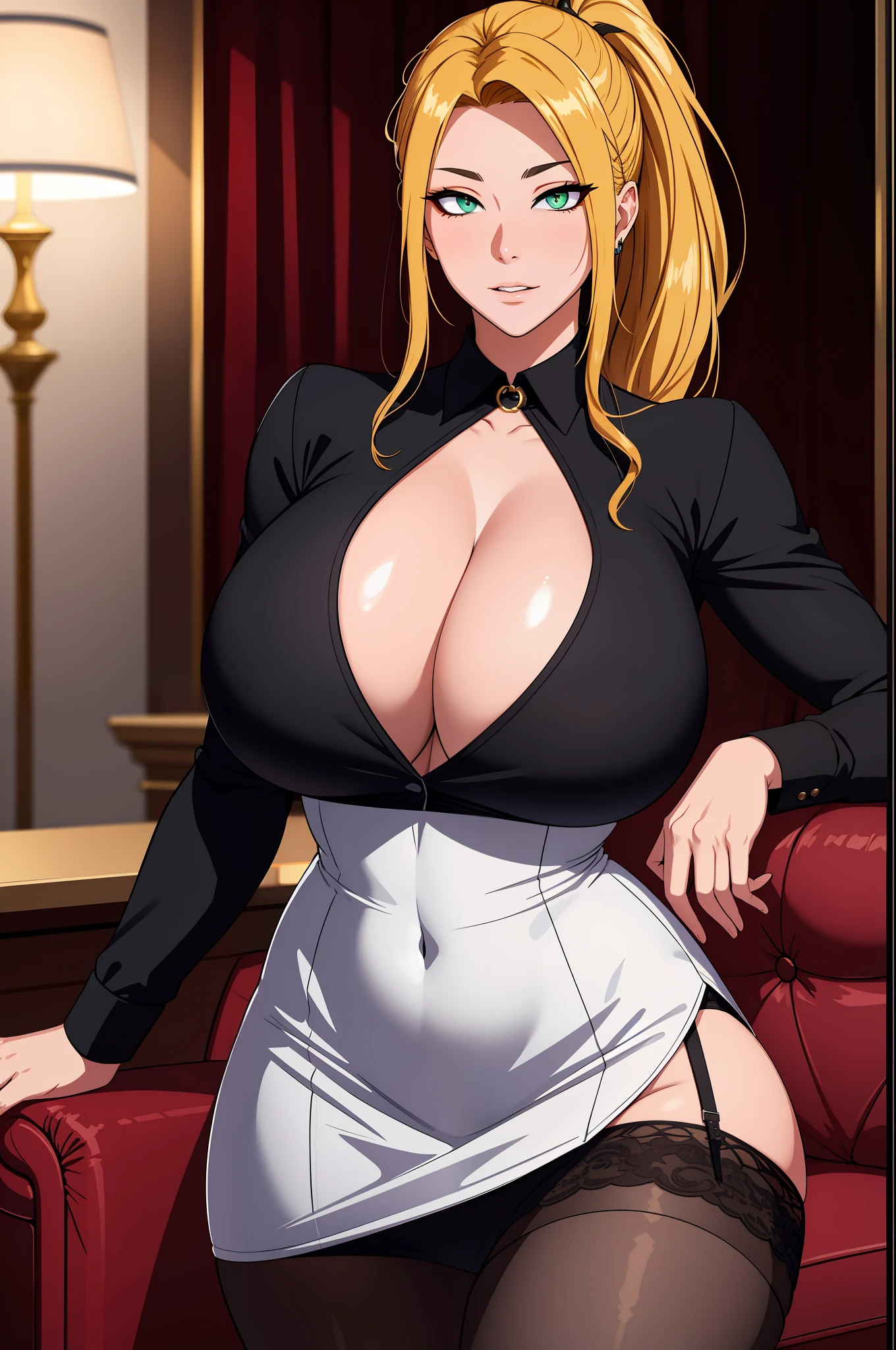 (tmasterpiece,A high resolution,best qualtiy:1.2),8K,highly detailed,复杂,rich colourful,vibrant image,Clear focus,cinematic ligh) blond hairbl,long whitr hair,Green eyes,body builder (Wear black business attire,black_Collared shirt cropped jacket,tiese,tiese,Black frilled skirt,a garter belt,Leather belt) (Large, Perfect round breasts,Hourglass body,Big breasts Thin waist,Very thin waist, photograph realistic,(hyper realisitc:1)big breasts beautiful, tmasterpiece,Best quality at best,extremelydetailedface,s the perfect face,beauitful face,Perfect lighting,Detailed eye makeup,Details of the face,Nice detail eyes,pretty hand,perfect hand,glowing light eyes(realistic pupil,Realistic iris:1)Heavy eye makeup,(empty Casino)(Posing dynamically)High ponytail