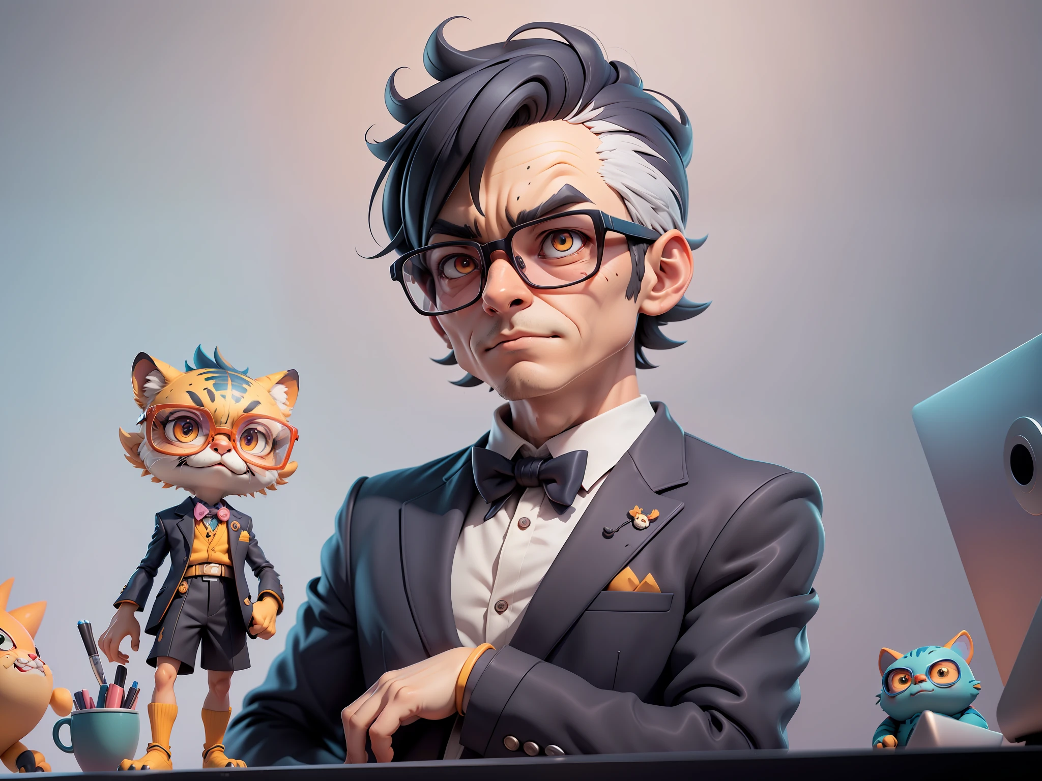 A young man in a suit, Short hair and glasses sat at his desk,holding laptop,digitial painting,tigre,3D character design by Mark Clairen and Pixar and Hayao Miyazaki and Akira Toriyama,4K HD illustration,Very detailed facial features and cartoon-style visuals。