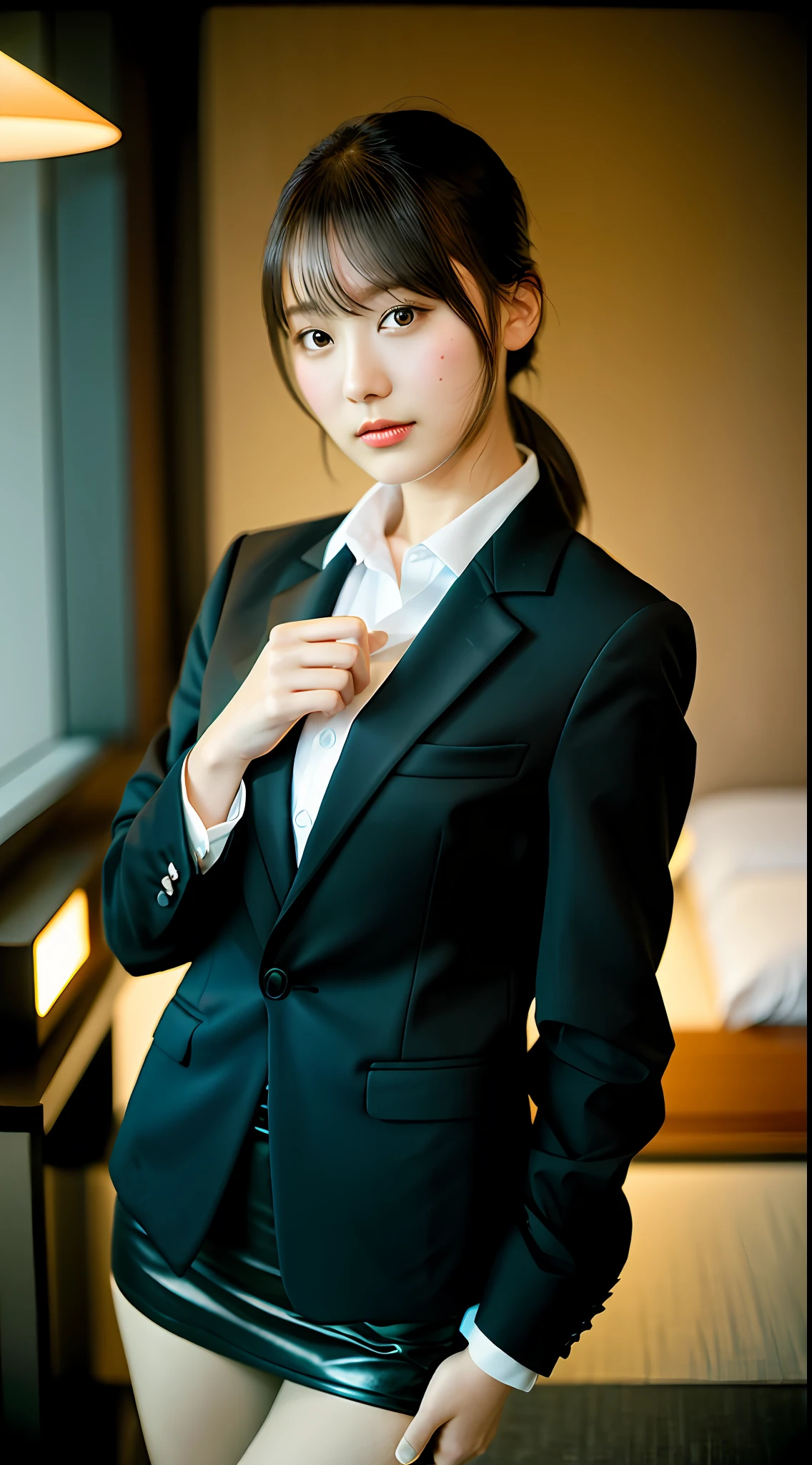 top-quality, ​masterpiece, 1girl in, beautiful countenance, (photographrealistic:1.3), Rim Lighting, (High Detail Skins:1.2), 8K UHD, Digital SLR, hightquality, hight resolution, bokeh dof, absurderes, best ratio four finger and one thumb, (realisitic:1.3), Cute Japan 1 Girl, Wearing a black formal blazer, middlebreast, a short skirt,Small face、Delicate figure