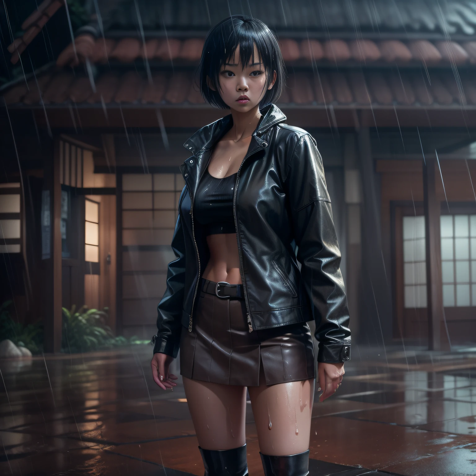 Cinematic horror scene dynamic wide angle-shot of a Japanese girl in a scary old Japanese house looking around, soaked wet, rainy dark night, wearing a leather jacket and a v neck short shirt and a black pleated miniskirt and leather boots, very short hair, fitted thick legs, booty, rainy night, hyper realistic female soft skin, wet skin, hyper realistic female legs, Hyper realistic manga style, high quality, 4k resolution-- seed 1211540853