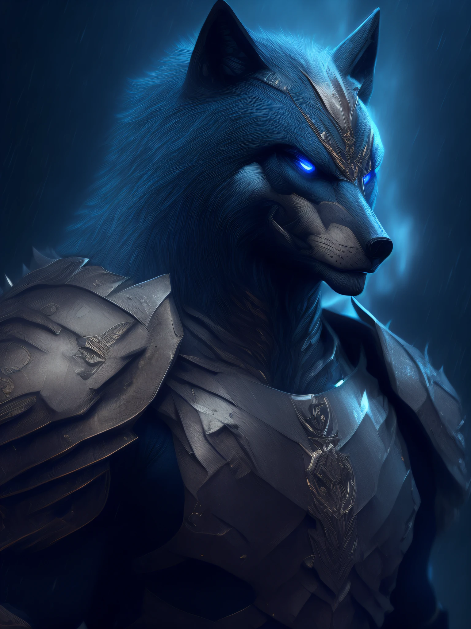 Great muscular black wolf warrior,Wear metal and leather armor,The upper part of the chest and face,On the left side of the screen,Artstation illustrator,Complicated details,详细的脸,Bright blue eyes,looking at viewert,Dim light,illustratio,UHD,4K surreal,Jumpy,Chilling,highly detailed,tack sharp focus,professinal,8k UHD,cinematic ligh,darkly,violence,exteriors,combat scene,dramatics, Scary atmosphere, rendering, epic, at twilight, HDR, album covers, Blizzarding, salama, Catastrophic, 820 pixels wide by 312 pixels high , Half black background , Landscape view , Distant portrait view, The whole head, combat scene, Scars on the right side of the face, hairy pubic, Realistic wolves, rained, illuminating , The face and chest face the viewer , Good chin , eBlue eyes, Hairy mane,An energy crystal is set on the forehead