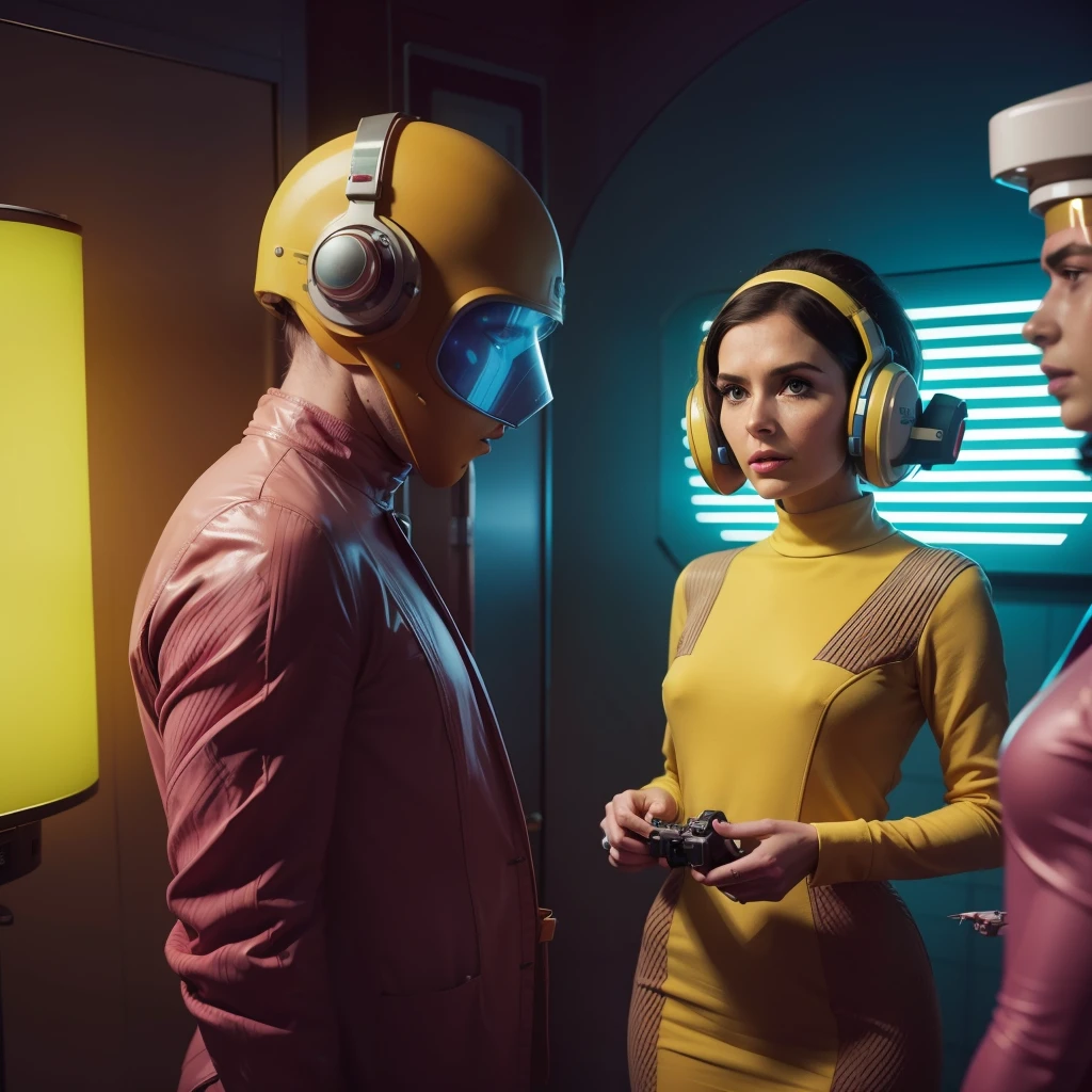 4k image from a 1960s science fiction film, Imagem do filme de Wes Anderson, pastels colors, A man with an alien mask and a woman with drones in her hair are wearing retro-futuristic fashion clothes and futuristic technological ornaments and devices at work, Luz Natural, cinemactic, Psicodelia, retro-futurista,