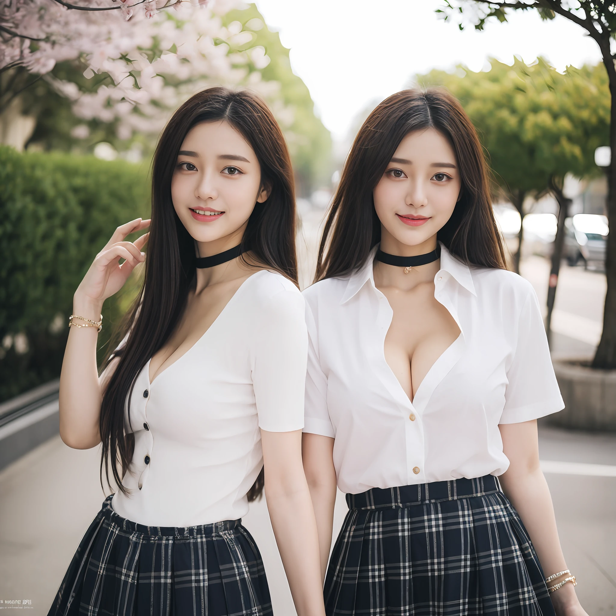 ​masterpiece, top-quality, full bodyesbian, 1girl, bangss, Black choker, Black tie, blonde  hair, a blue skirt, red blush, A bracelet, breastsout, a choker, Clothing around the waist, 鎖骨, shirt with collar, cowboy  shot, dress shirts, ear piercings, eyebrows visible through hair, gradation hair, Grinning, gals, jewely, Kogal, length hair, looking at the viewers, Loose tie, neck tie, piercings, Plaid, Plaid skirt, pleatedskirt, red eyes, the ring, 校服, The shirt, skirt by the, a smile, 独奏, white  shirt, a street, Skysky, cherry trees, flower petals,diagrams, (magazine:1.3), (cover-style:1.3), Fashionable, femele, with a vibrant, outfits, the pose, the front, Colorful, Dynamic, Background with, element, self-assured, expresive, ngel, statement, accessorized, An majestic, coil, surroundings, touch, The scene, Texto, covers, It's bold, captures the attention, titles, stylish, font, It's catchy, headline, The large, Impressive, moderno, Trendy, focus, lo fashion,Open up to the third button、cleavage of the breast、A skirt that is so short that you can see a little panties from the skirt