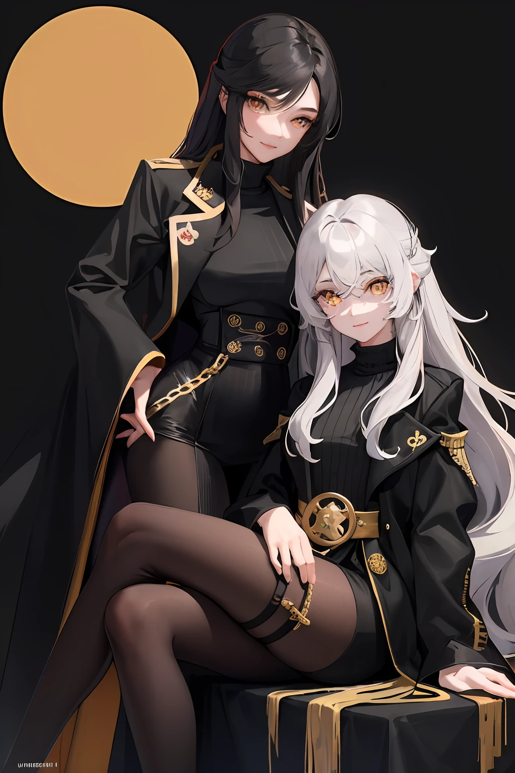 1woman and 1man, ((two people)), long wavy hair, swept bangs, golden eyes, fake smile, unnerving smile, black turtleneck, pirate coat, dark sky, pretty eyes, sitting