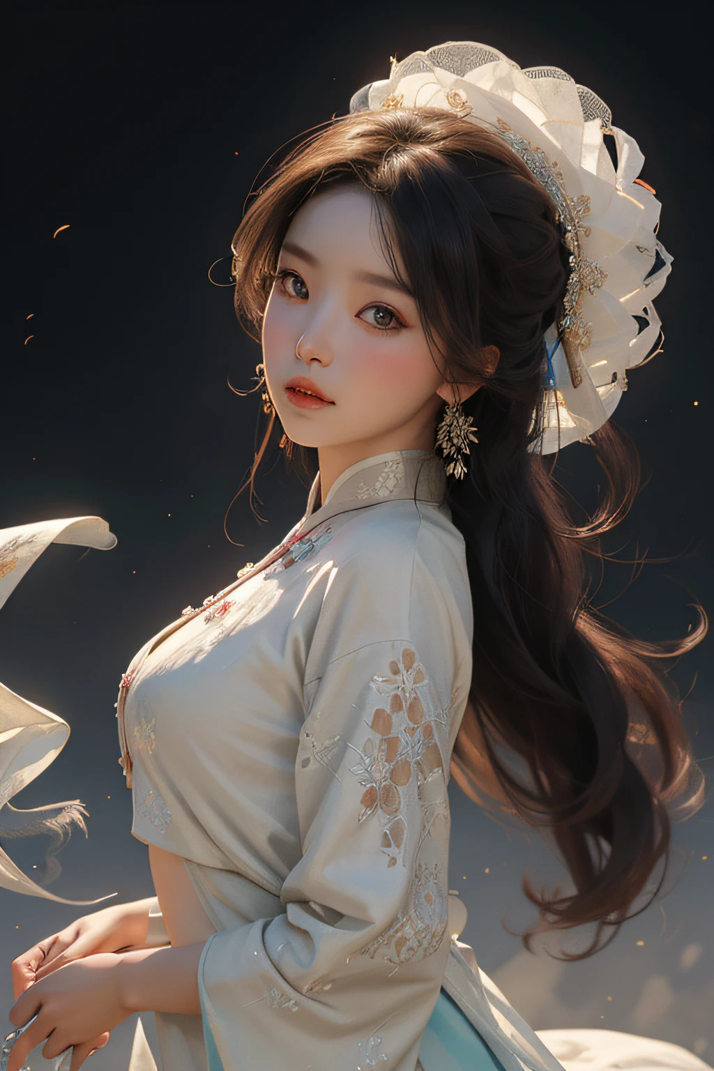 zhongfenghua, 1girl, solo, hanfu, ancient_chinese_architecture, flower field, blossom, (white smoke:1.3) (photorealistic:1.4), zentangle, mandala, entangle, official art, unity 8k wallpaper, ultra detailed, beautiful and aesthetic, masterpiece,best quality, (dynamic angle:1.4), glowing skin, (floating colorful sparkles:1) the most beautiful form of chaos, elegant, a brutalist designed, vivid colours, romanticism depth of field exotic_dance