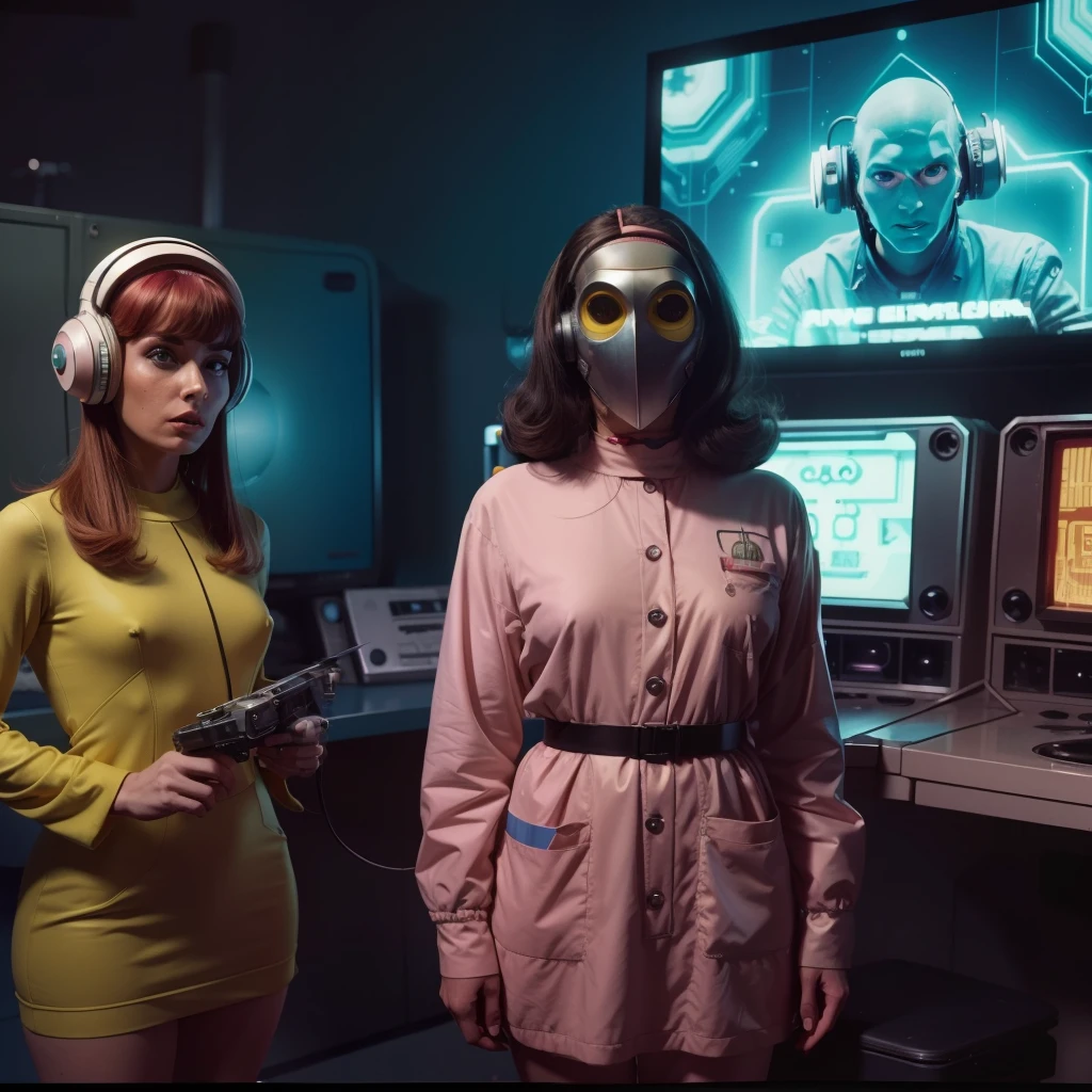 4k image from a 1960s science fiction film, Imagem do filme de Wes Anderson, pastels colors, A man with an alien mask and a woman with drones in her hair are wearing retro-futuristic fashion clothes and futuristic technological ornaments and devices at work, Luz Natural, cinemactic, Psicodelia, retro-futurista,