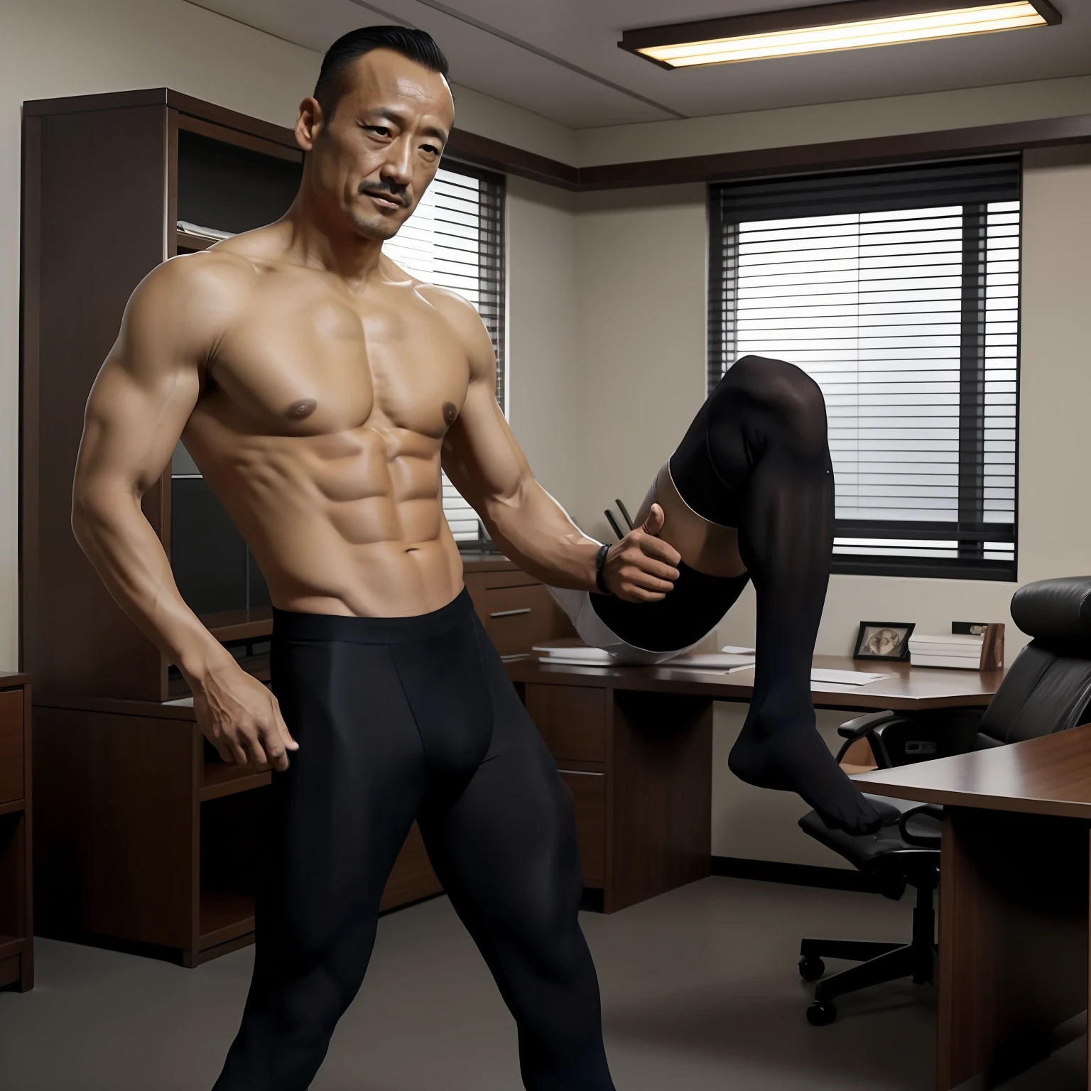 50yearsold，Hidetoshi Nakata，（Kogoro Mouri 1.3），Shirtless，Tong，Bulge，office room，black long socks，Thin，musculature，lbeard，fortitude，artwork of a，tmasterpiece，k hd，ssmile，wearing a tights，Business suit