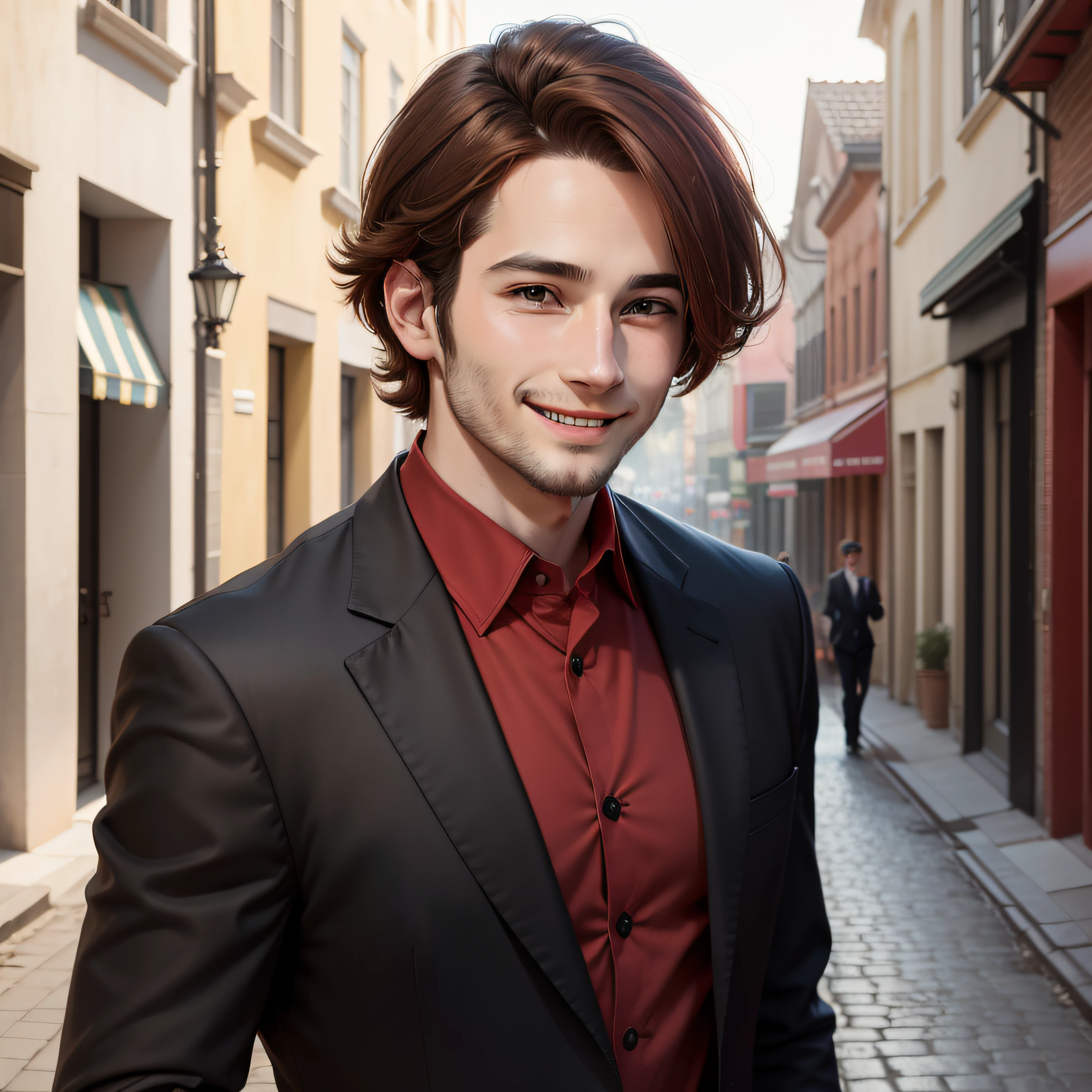 portrait of 30 years old man with a black suit and red shirt, brown hair, medium length hair, smiling, in the street, sunny day, 8k