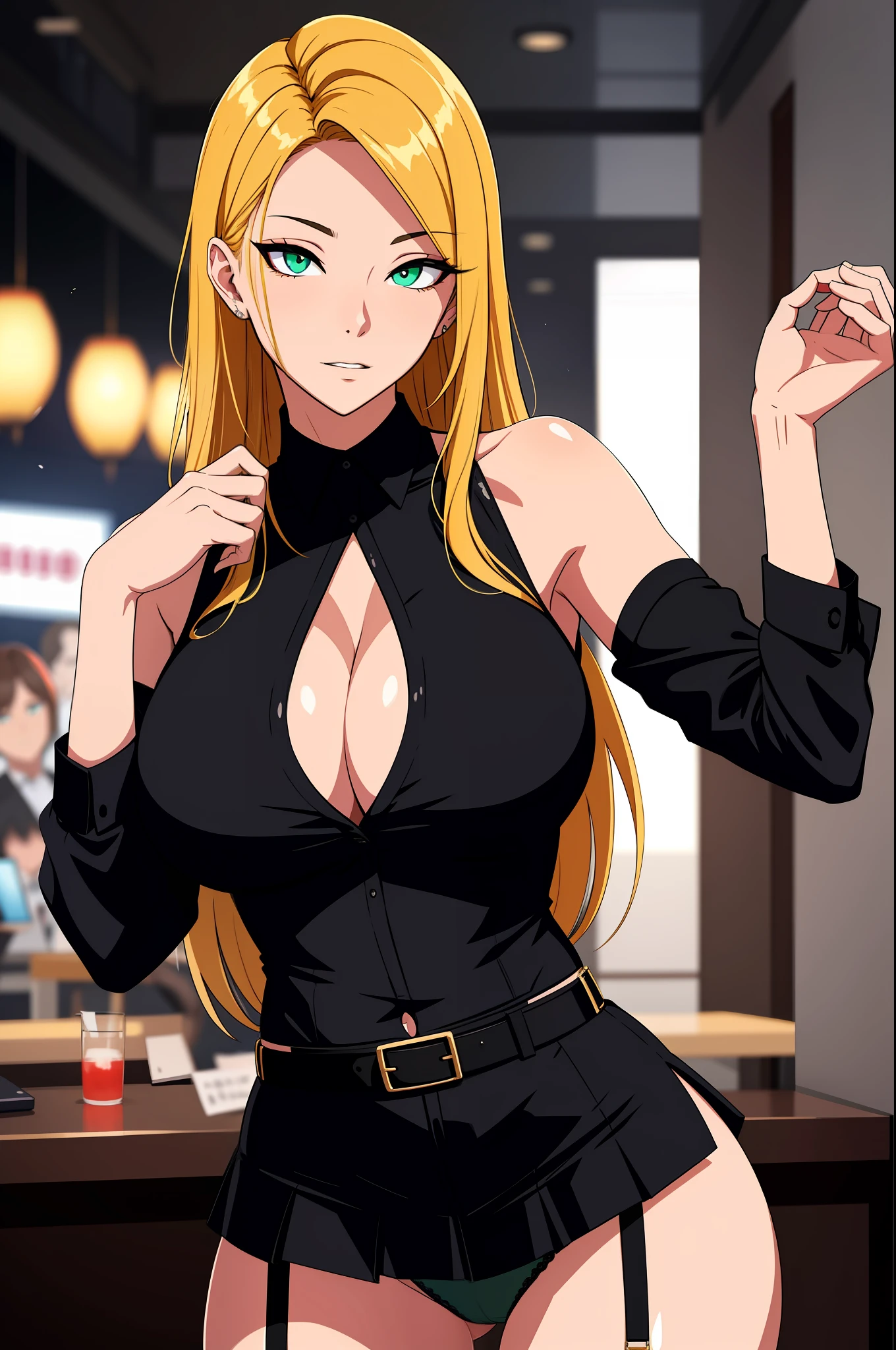 （tmasterpiece，A high resolution，best qualtiy：1.2），8K，highly  detailed，复杂，rich colourful，vibrant image，Clear focus，cinematic ligh） blond hairbl，long whitr hair，Green eyes，body builder （Wear black business attire，black_Collared shirt cropped jacket，tiese，tiese，Black frilled skirt，a garter belt，Leather belt） （Large, Perfect round breasts，Hourglass body，Big breasts Thin waist，Very thin waist， photograph realistic，（hyper realisitc：1）big breasts beautiful， tmasterpiece，Best quality at best，extremelydetailedface，s the perfect face，beauitful face，Perfect lighting，Detailed eye makeup，Details of the face，Nice detail eyes，pretty hand，perfect hand，glowing light eyes（realistic pupil，Realistic iris：1）Heavy eye makeup，（empty Casino）（Posing dynamically）Panties, underwear, Suspenders，bralette