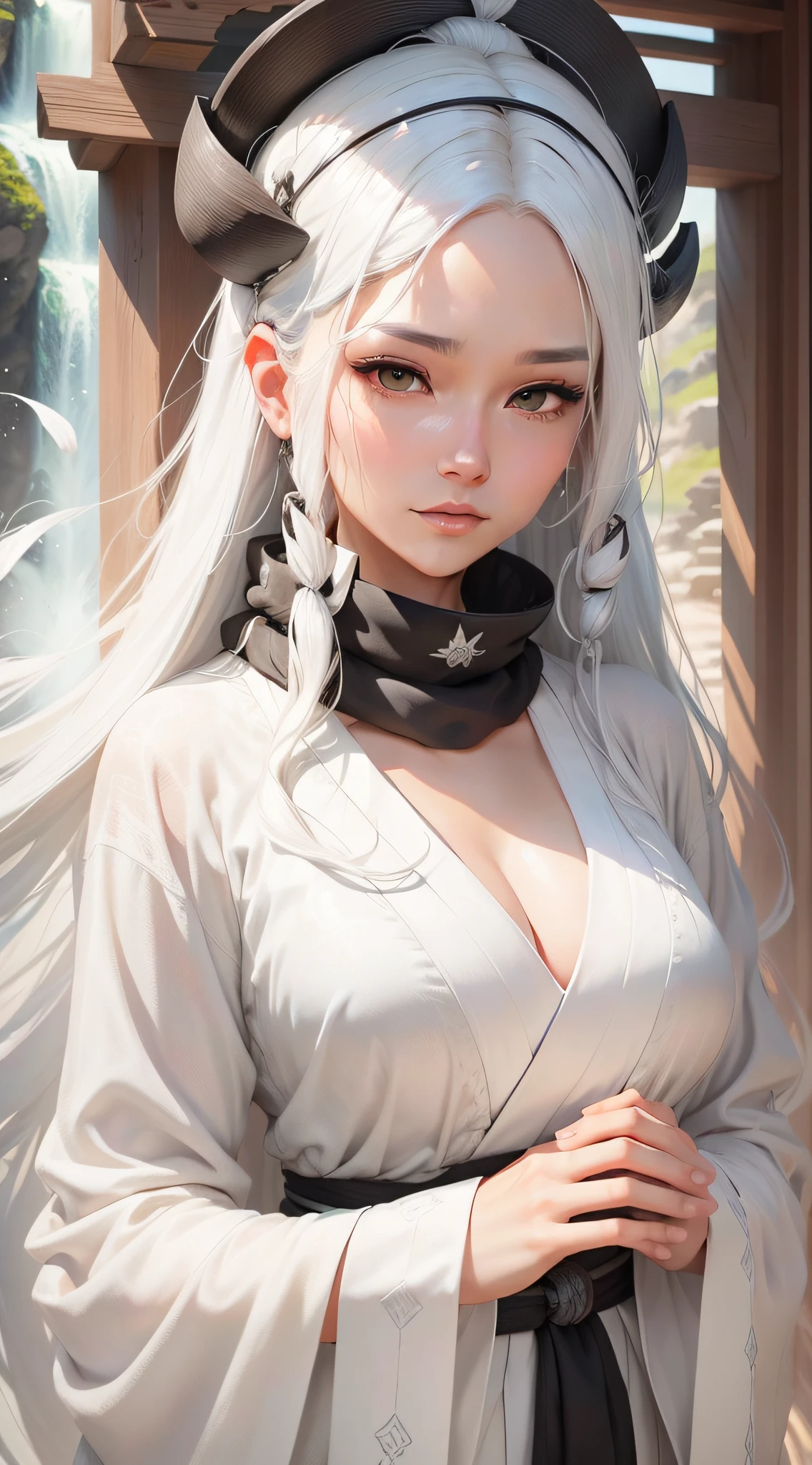 Close-up of a woman with white hair and a black scarf，独奏,a character portrait by Yang J，Pixiv competition winner，Fantasyart，white-haired god，Beautiful character painting，Guviz-style artwork，Yuki Onna's glareing gaze，Guweiz，long  white hair，Long white hair，flowing hair and long robes，Perfect facial features