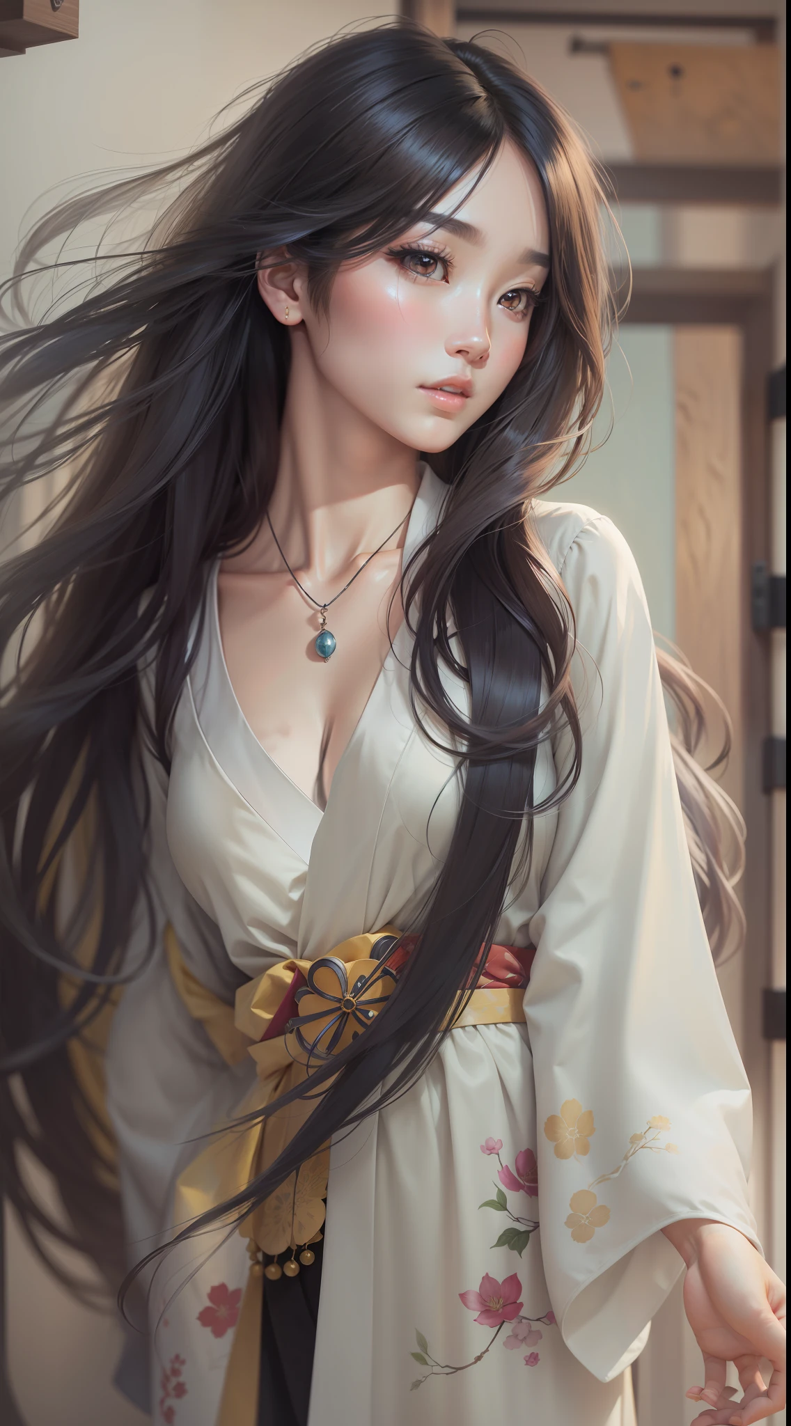 Cute Japanese and Korean beauty,photorealistic paintings、long whitr hair、stocklings、Large breasts、Tall and tall、largeeyes、tall nose bridge