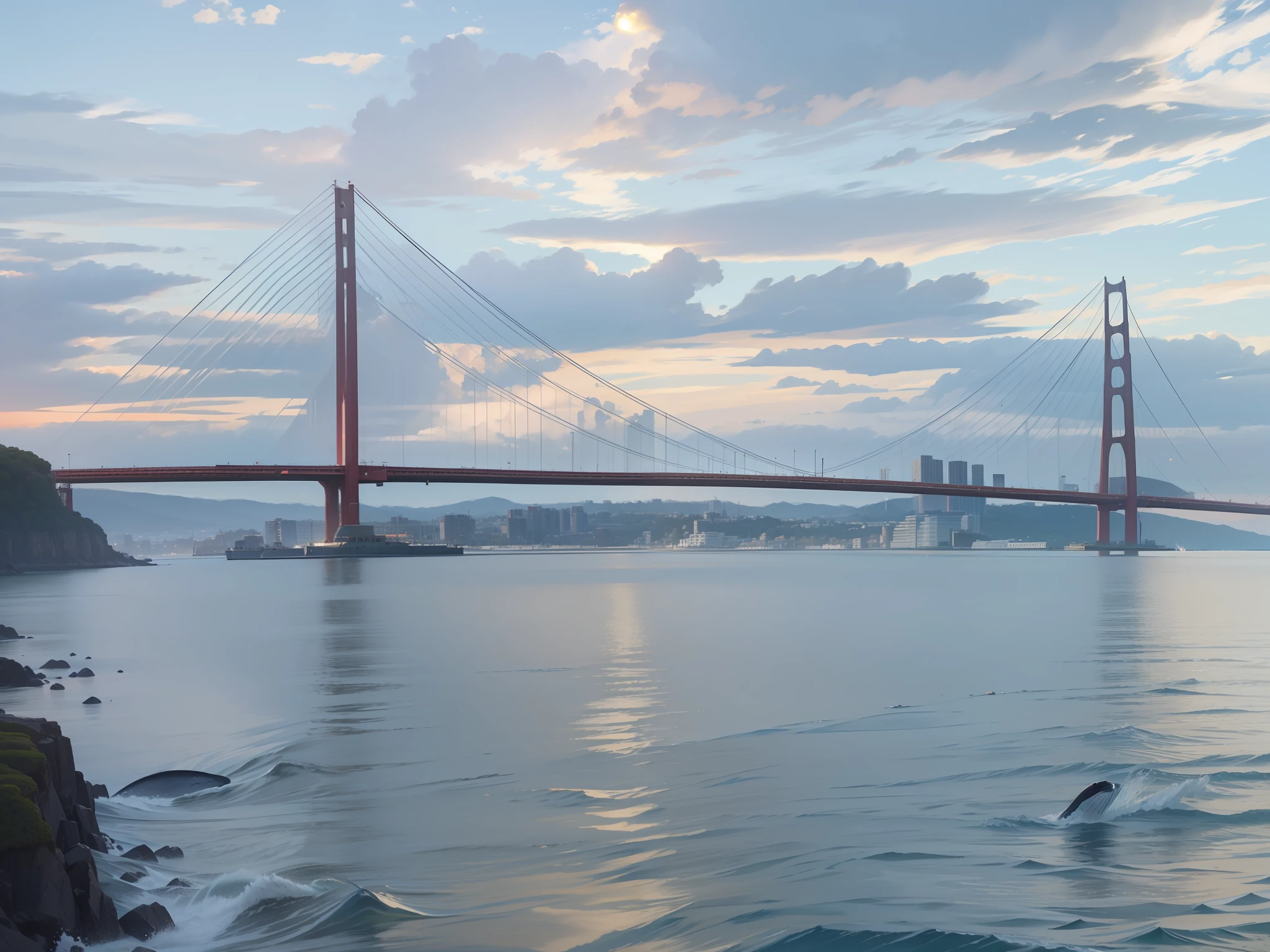 high qulity,8k,scenecy,bru,sea surface,the setting sun,the golden hour,whales