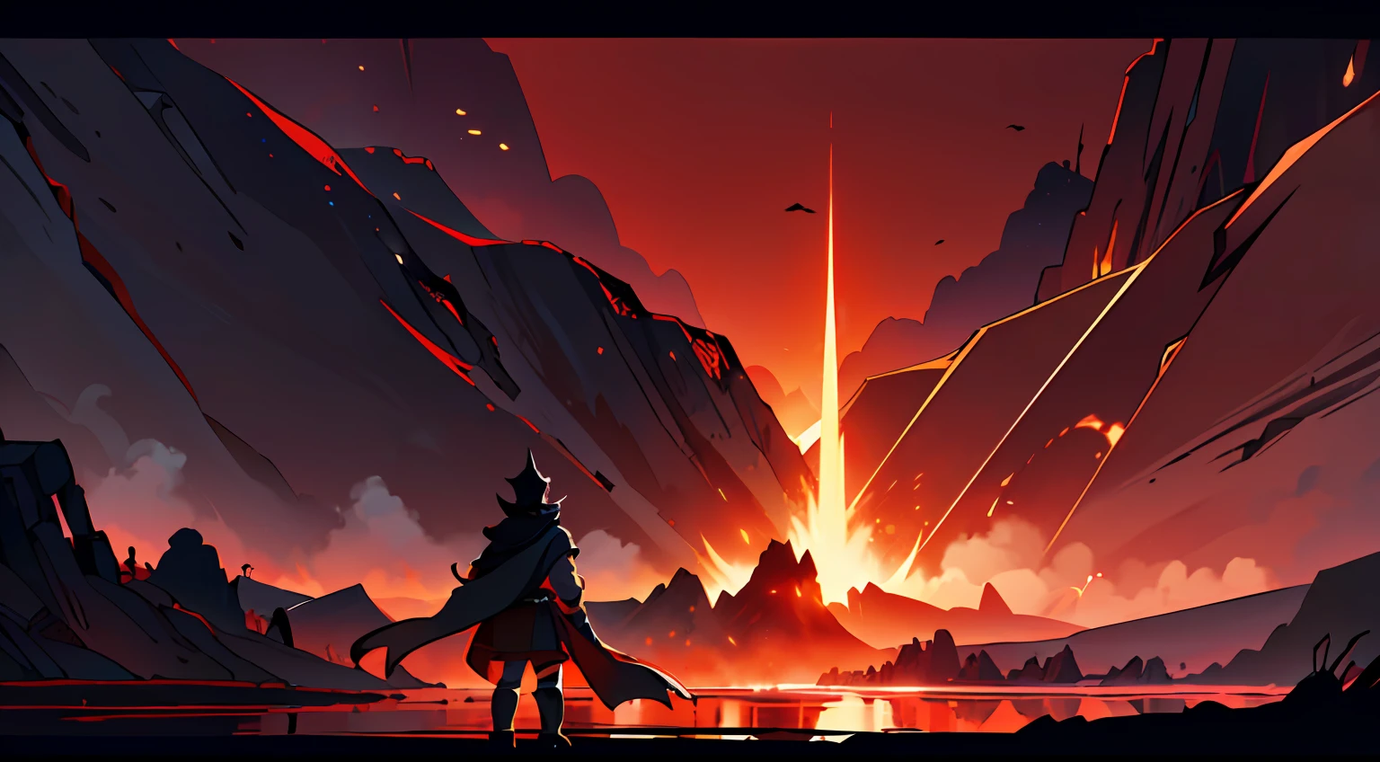 solo, Super fine photo, imagen Unreal Engine 5 8K UHD del infierno, mundo destruido, Magma River, Red sky with demonic eyes and sad souls, llama voladora, mejor calidad, obra maestra, arte oficial, fondo de pantalla unificado 8k, super detailed,