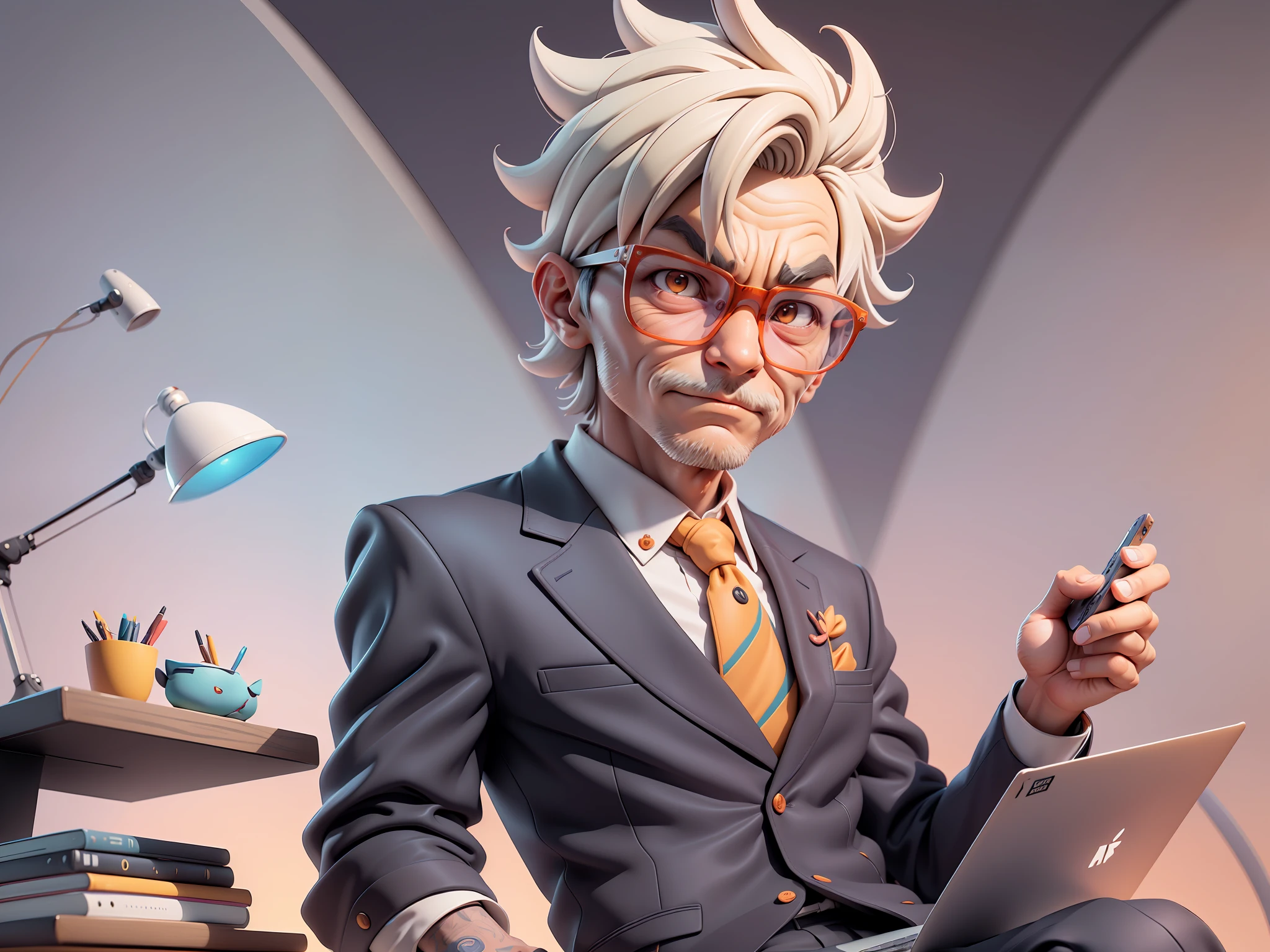 A young man in a suit, Short hair and glasses sat at his desk,holding laptop,digitial painting,tigre,3D character design by Mark Clairen and Pixar and Hayao Miyazaki and Akira Toriyama,4K HD illustration,Very detailed facial features and cartoon-style visuals。