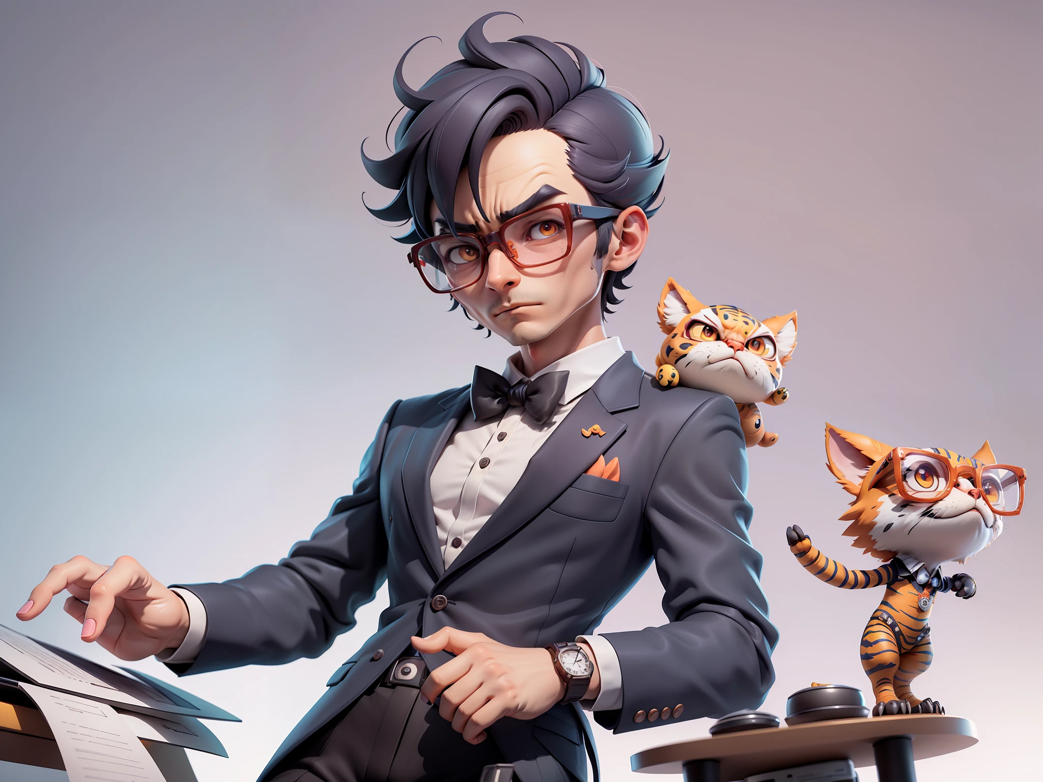 A young man in a suit, Short hair and glasses sat at his desk,holding laptop,digitial painting,tigre,3D character design by Mark Clairen and Pixar and Hayao Miyazaki and Akira Toriyama,4K HD illustration,Very detailed facial features and cartoon-style visuals。