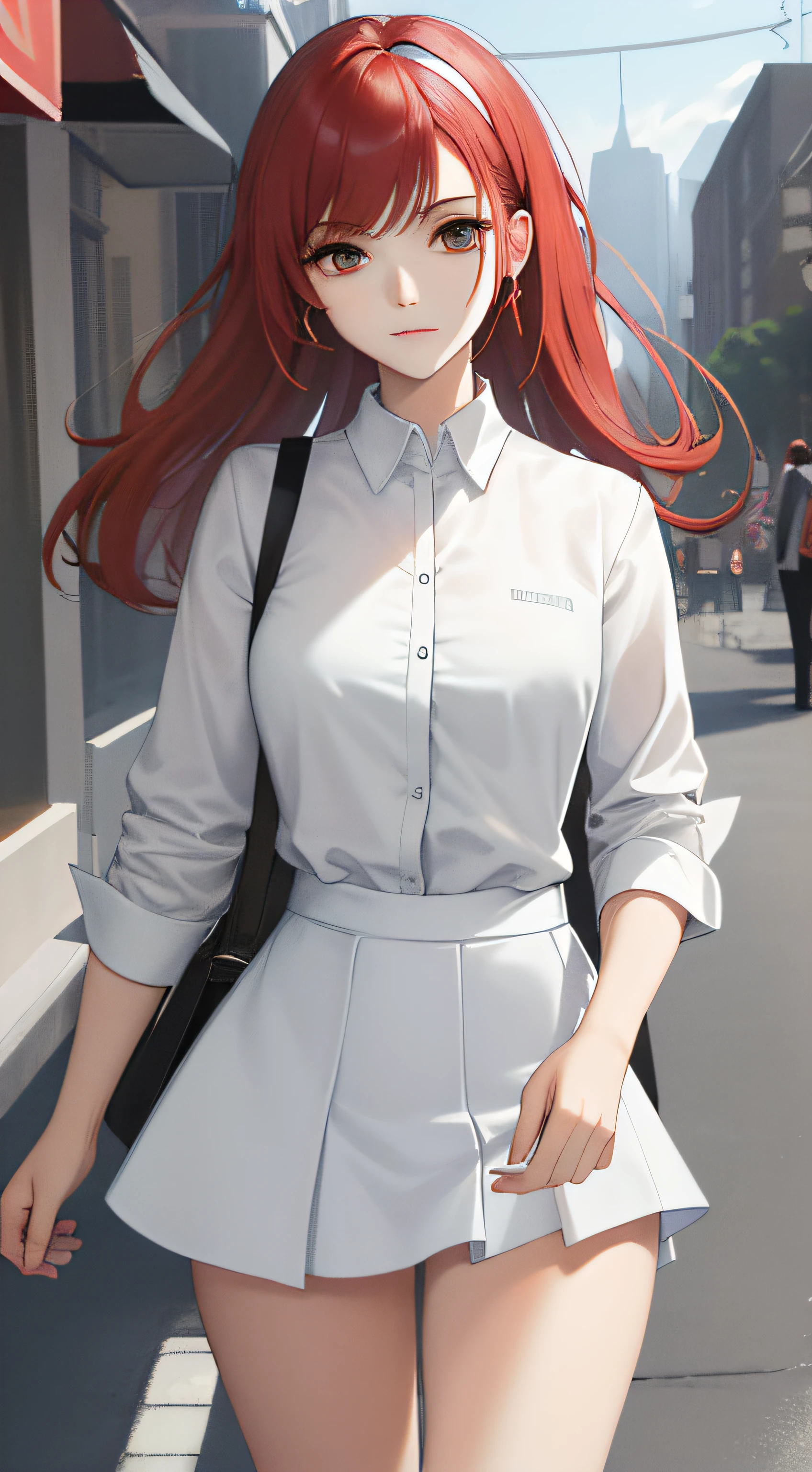 (Masterpiece:1.2, Best quality), (Intricate details) 1gril,Solo,(White shirt:1.4),(red micro skirt:1.3),Walk the streets of the city