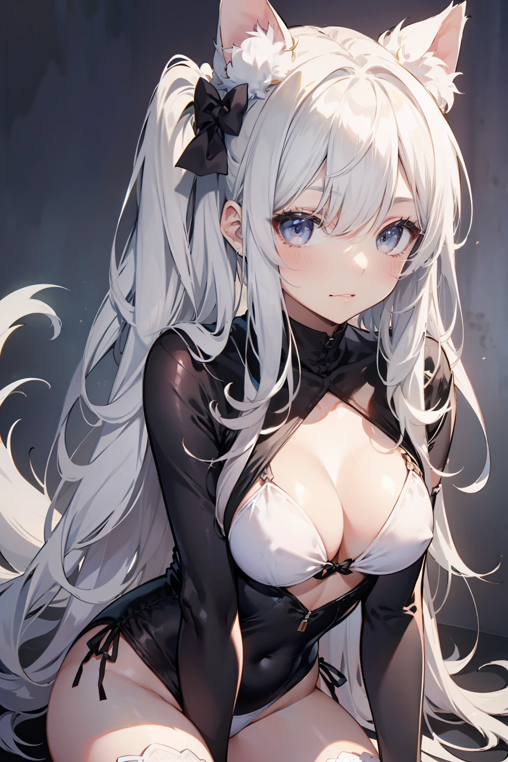 high-level image quality、top-quality、Detailed drawing、Does not blush cheeks、Slender adult beauty、catss、White Swimwear、Small eyes、knee high、Stockings、Medium chest、white hair、Twin-tailed
