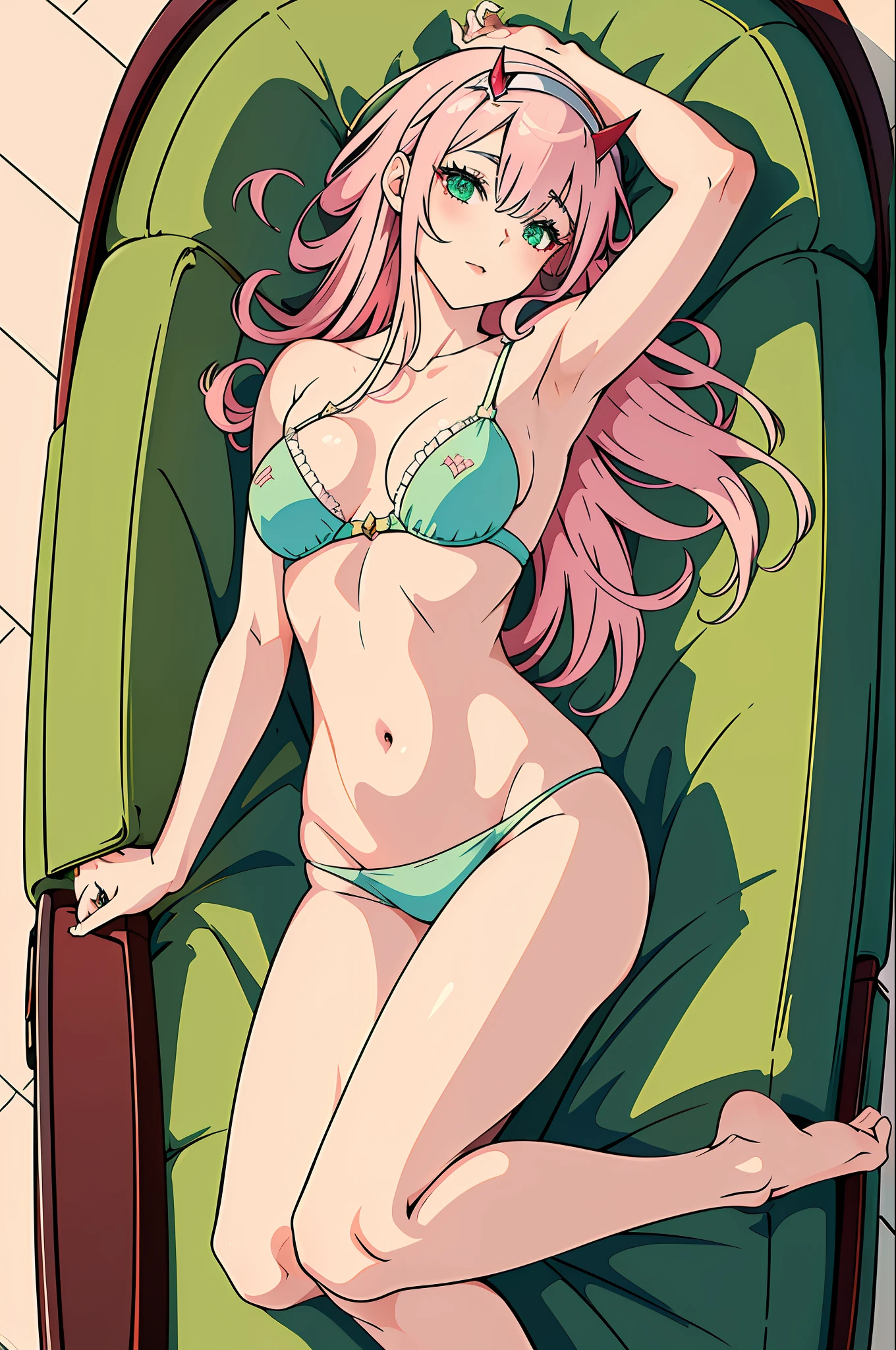 (masterpiece, best quality), beautiful girl, zero two, lying, (detailed beautiful eyes) full-body shot, pink hair, beautiful highly detailed green eyes,