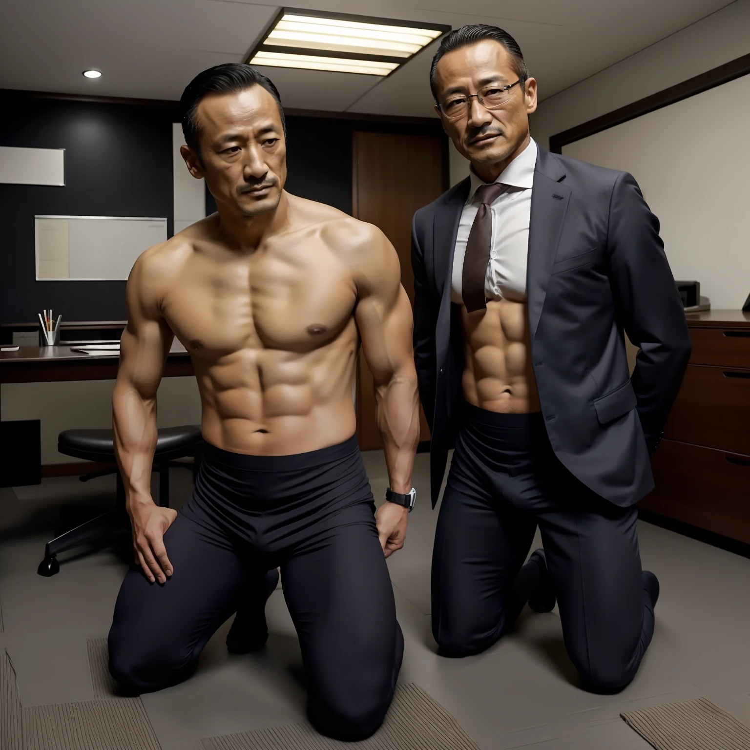 50yearsold,Hidetoshi Nakata,(Kogoro Mouri 1.3),Shirtless,Tong,Bulge,office room,black long socks,Thin,musculature,lbeard,fortitude,artwork of a,tmasterpiece,k hd,ssmile,wearing a tights,Business suit,Kneeling
