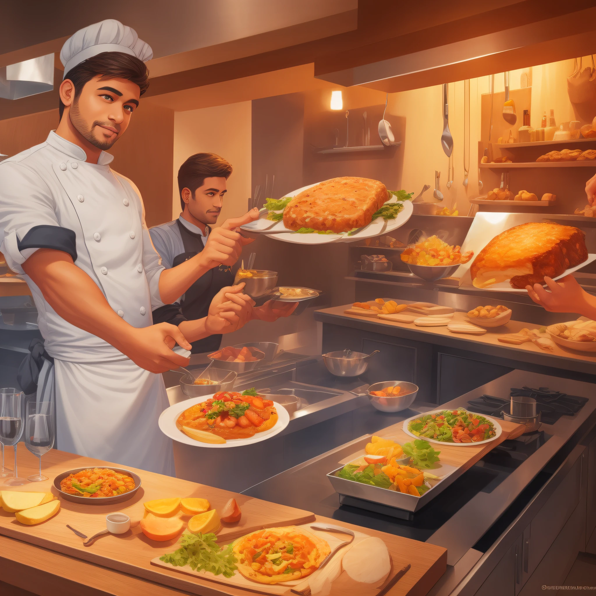 In one hand,Palm up,Five fingers spread out,Hold hands to invite,cartoon digital painting, best chef,quadratic element,Highly detailed depiction,