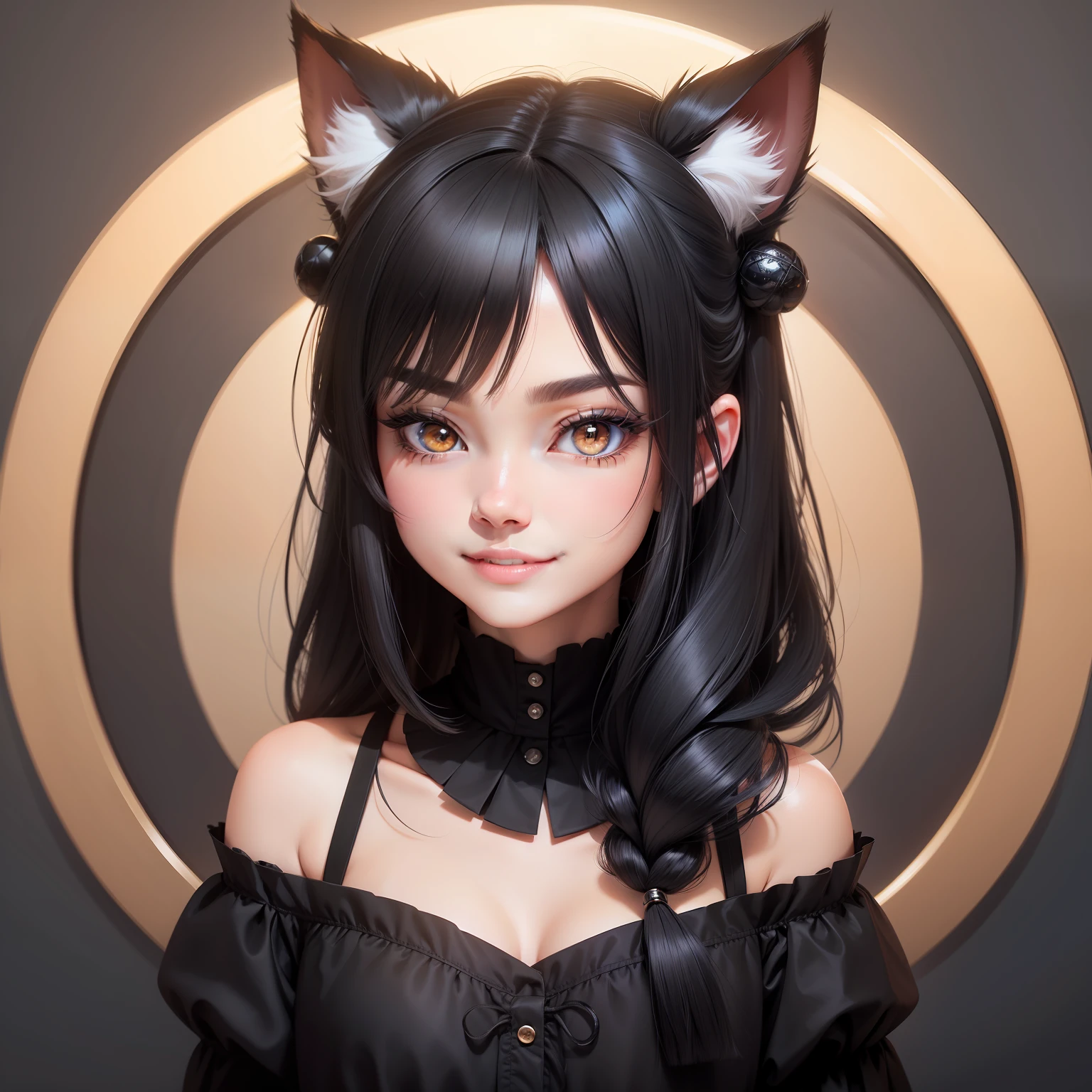 black hair, hair bobbles, wince, longeyelashes, solid circle eyes, fake animal ears, light smile, ear blush, fang, collage, 8k, super detail, ccurate, best quality