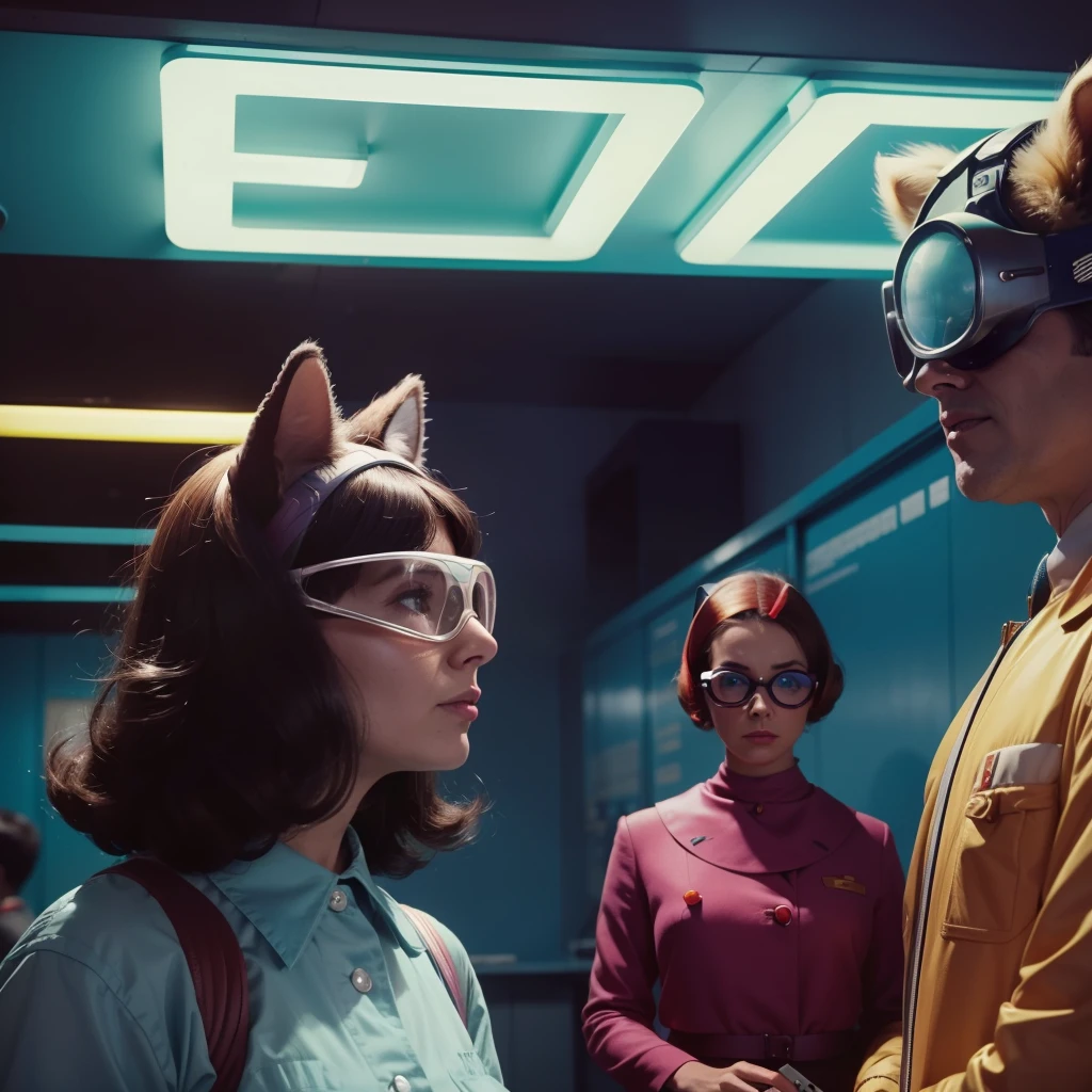 4k image from a 1960s science fiction film, Imagem do filme de Wes Anderson, pastels colors, Students with cat masks and a woman with alien glasses are wearing retro-futuristic fashion clothes and futuristic technological ornaments and devices at school, Luz Natural, cinemactic, Psicodelia, retro-futurista,