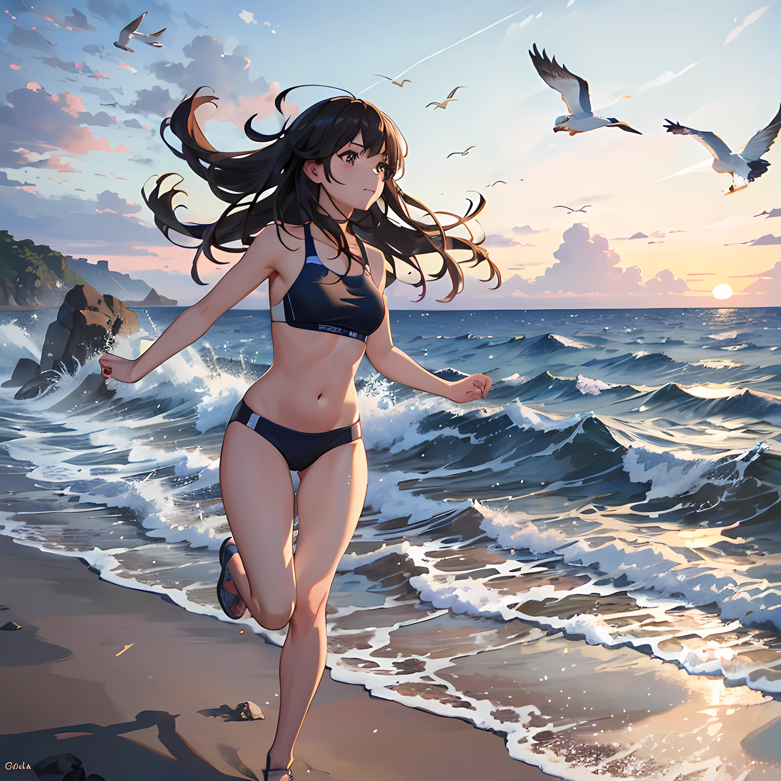 (masterpiece)), ((best quality)), 8k, high detailed, ultra-detailed, ; A girl running on the beach; 1girl, (ocean waves), (sandy shore), (seagulls flying overhead), (sun setting in the distance)
A girl running by the sea, A girl running on the beach, 1girl, (ocean waves), (sandy shore), (seagulls flying overhead), (sun setting in the distance)