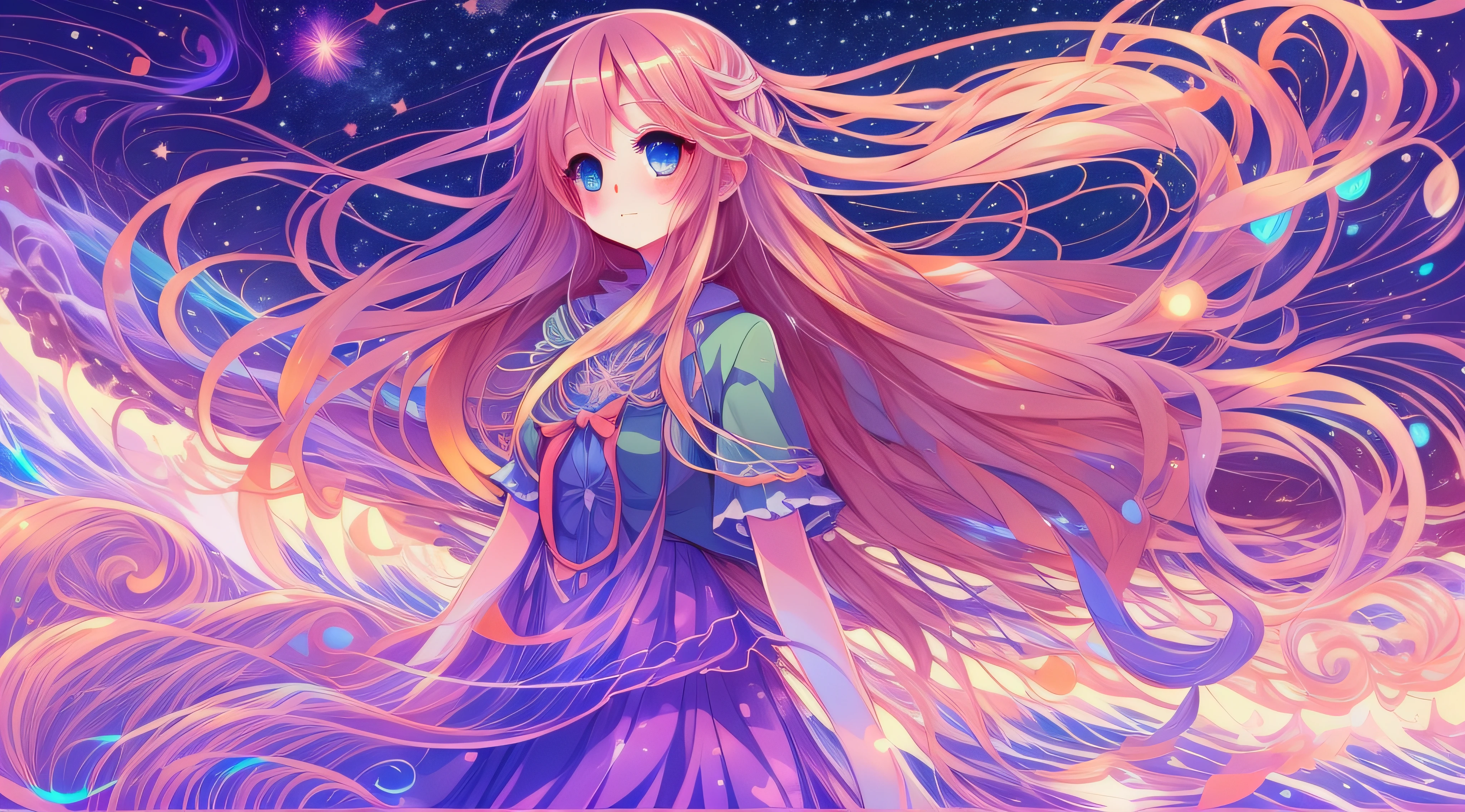 Anime girl with long hair and blue eyes in waves, anime girl with cosmic hair, Digital art on Pixiv, A beautiful artwork illustration, Cute detailed digital art, Beautiful anime artwork, Anime fantasy illustration, Detailed digital anime art, Soft anime illustration, pixiv contest winner, Loish et WLOP, Beautiful anime art, beautiful anime art style
