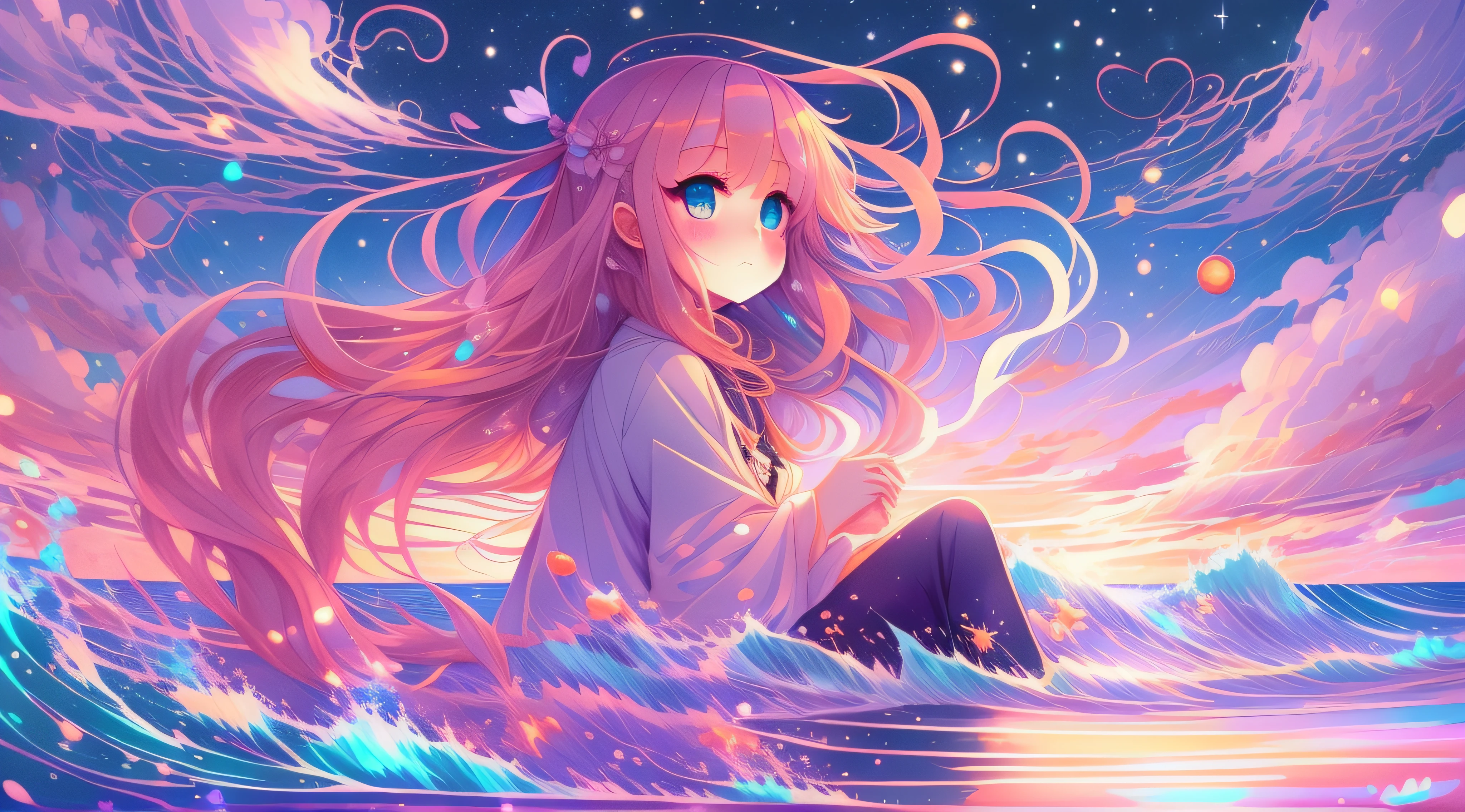 Anime girl with long hair and blue eyes in waves, anime girl with cosmic hair, Digital art on Pixiv, A beautiful artwork illustration, Cute detailed digital art, Beautiful anime artwork, Anime fantasy illustration, Detailed digital anime art, Soft anime illustration, pixiv contest winner, Loish et WLOP, Beautiful anime art, beautiful anime art style