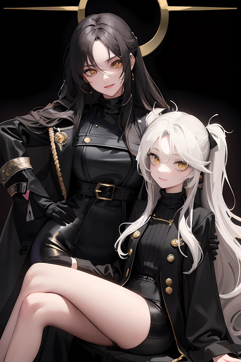 1woman and 1man, ((two people)), long wavy hair, swept bangs, golden eyes, fake smile, unnerving smile, black turtleneck, pirate coat, dark sky, pretty eyes, sitting