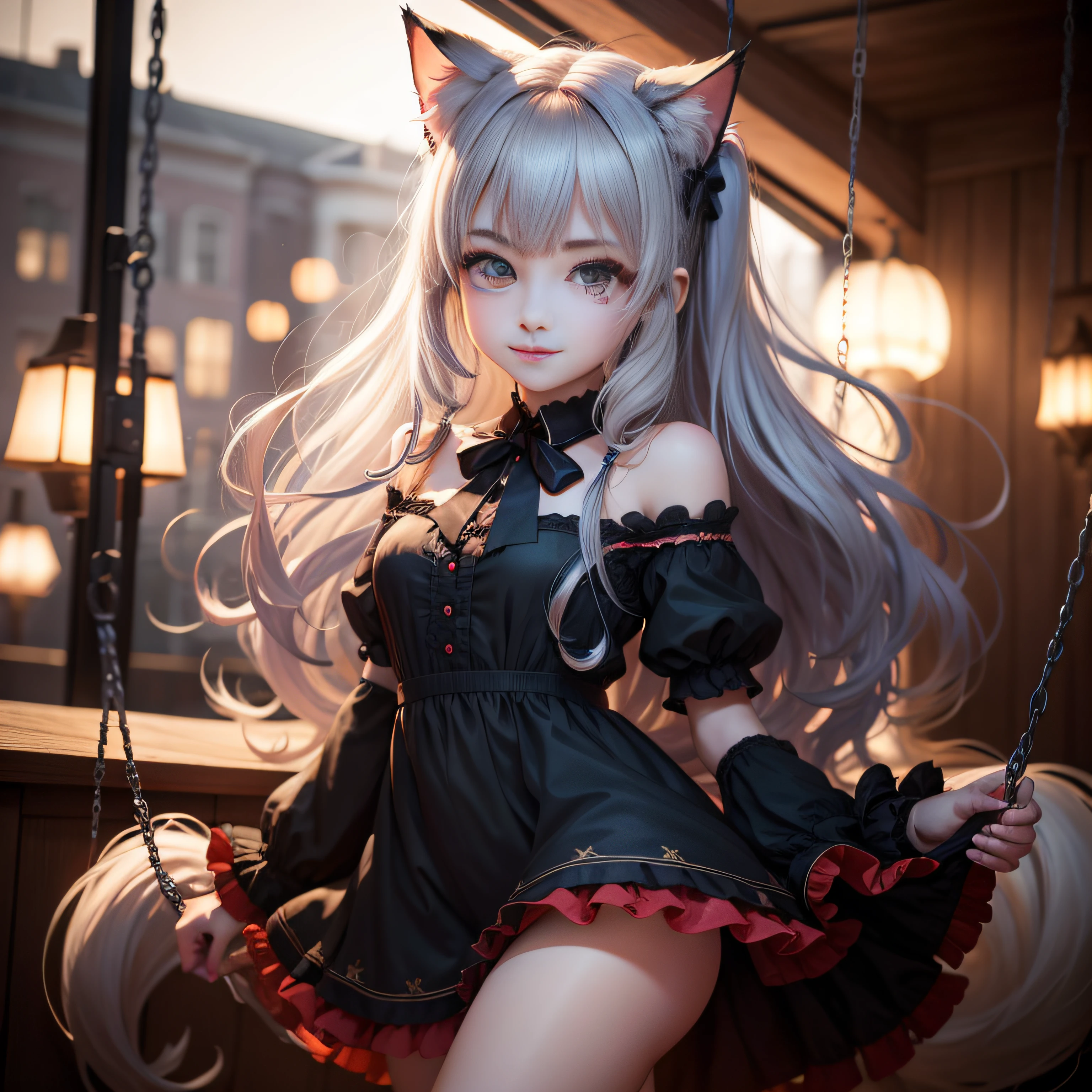 Cat-eared foxtail beauty swinging，Moe，Hair and its fluffiness，The eyes are big，having fun，Facing the camera squarely，best qualityer， tmasterpiece， A high resolution， Be red in the face， （seduct smile：0.8）， star-shaped bule pupils， Tyndall effect， realisticlying， Dark Studio， edge lit， twotonelighting， （highdetailskin：1.2）， 8K  UHD， digital SLR camera， gentle illumination， high high quality， Volumetriclighting， Frankness， photore， A high resolution