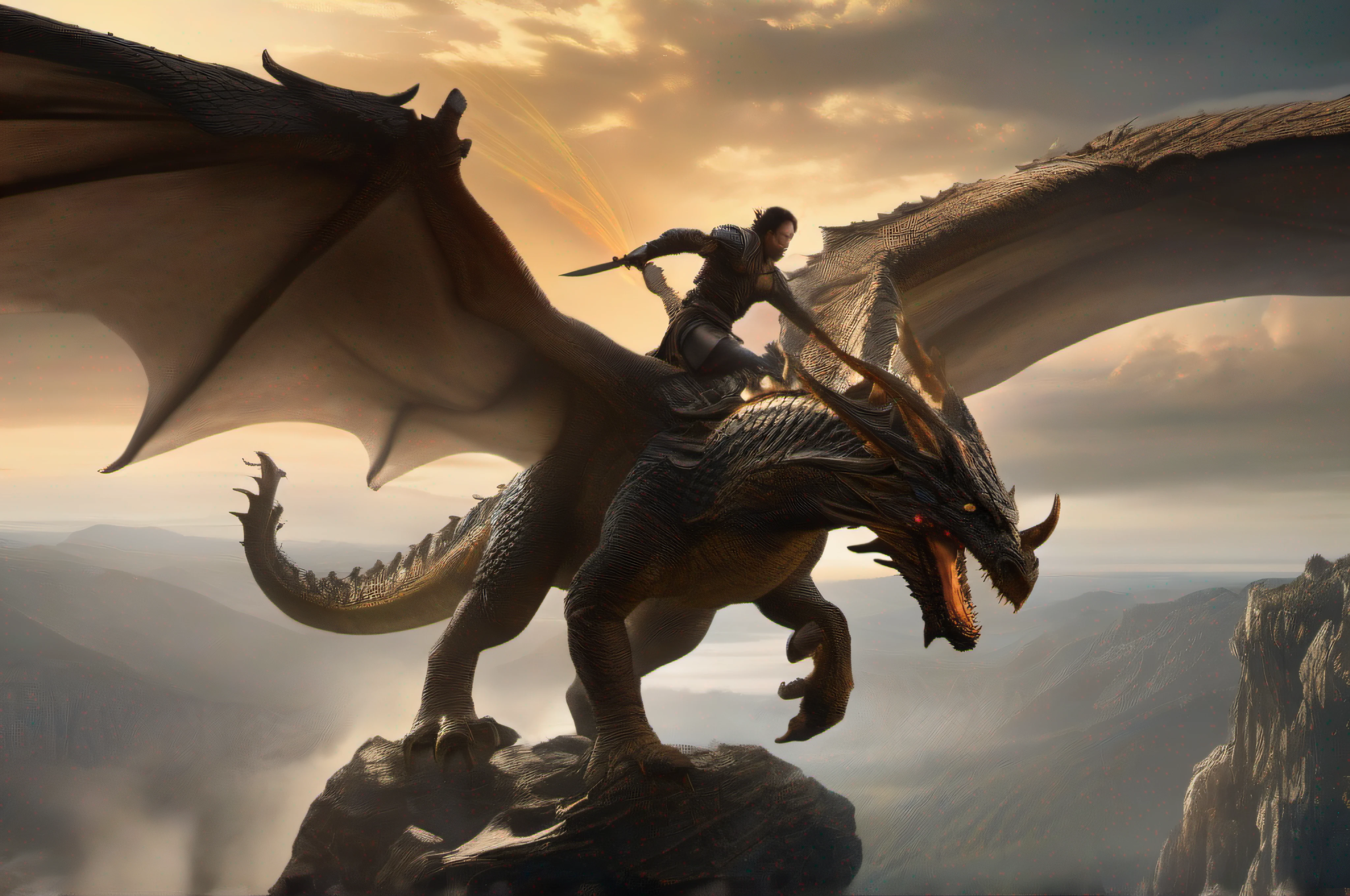 (masterpiece, high resolution, CGI, official art: 1.4), (a brave human warrior on a dragon: 1.3) majestic taking to the skies alongside a brave human warrior, creating an epic and impressive scene, wrapped in a magical light, intricate details,