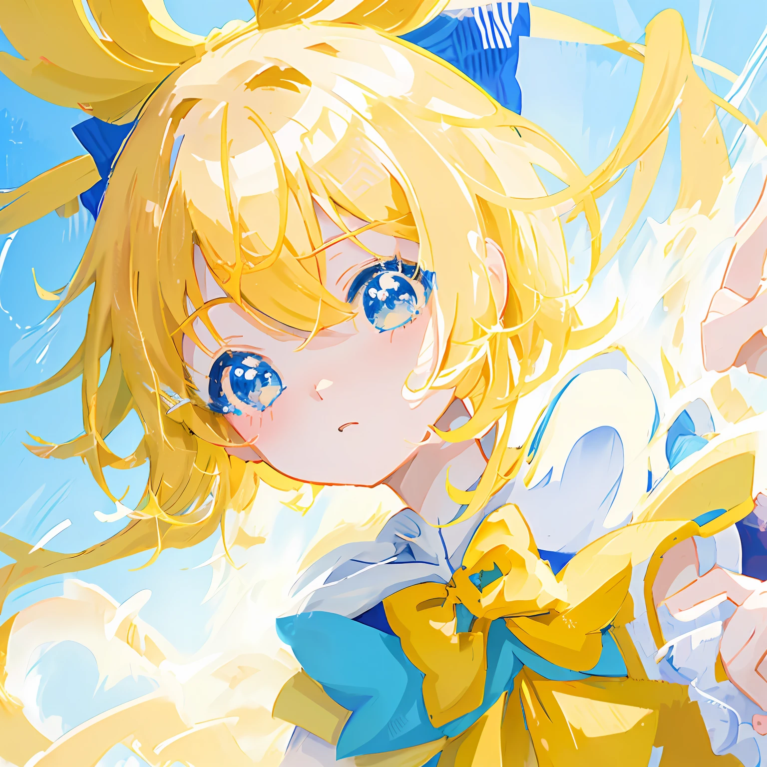 Anime girl with blonde hair and blue dress with yellow bow, Anime moe art style, Splash art anime Loli, zerochan art, Anime style portrait, style of anime4 K, Cute anime girl portrait, anime visual of a cute girl, , cute anime girl portraits, Loli, High quality anime art style, portrait anime girl, , Anime art style