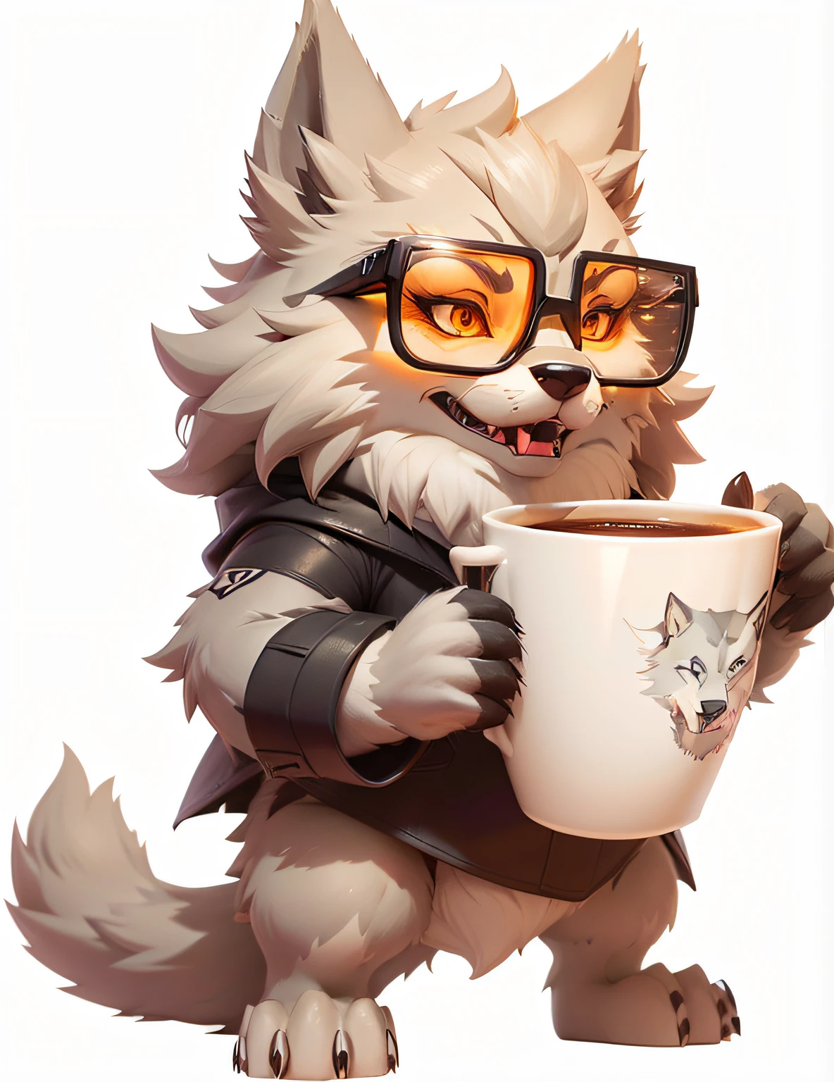 A gray and fierce animated wolf，Wearing digital smart glasses，Very fierce look，With a cup of coffee，Figure blind box design