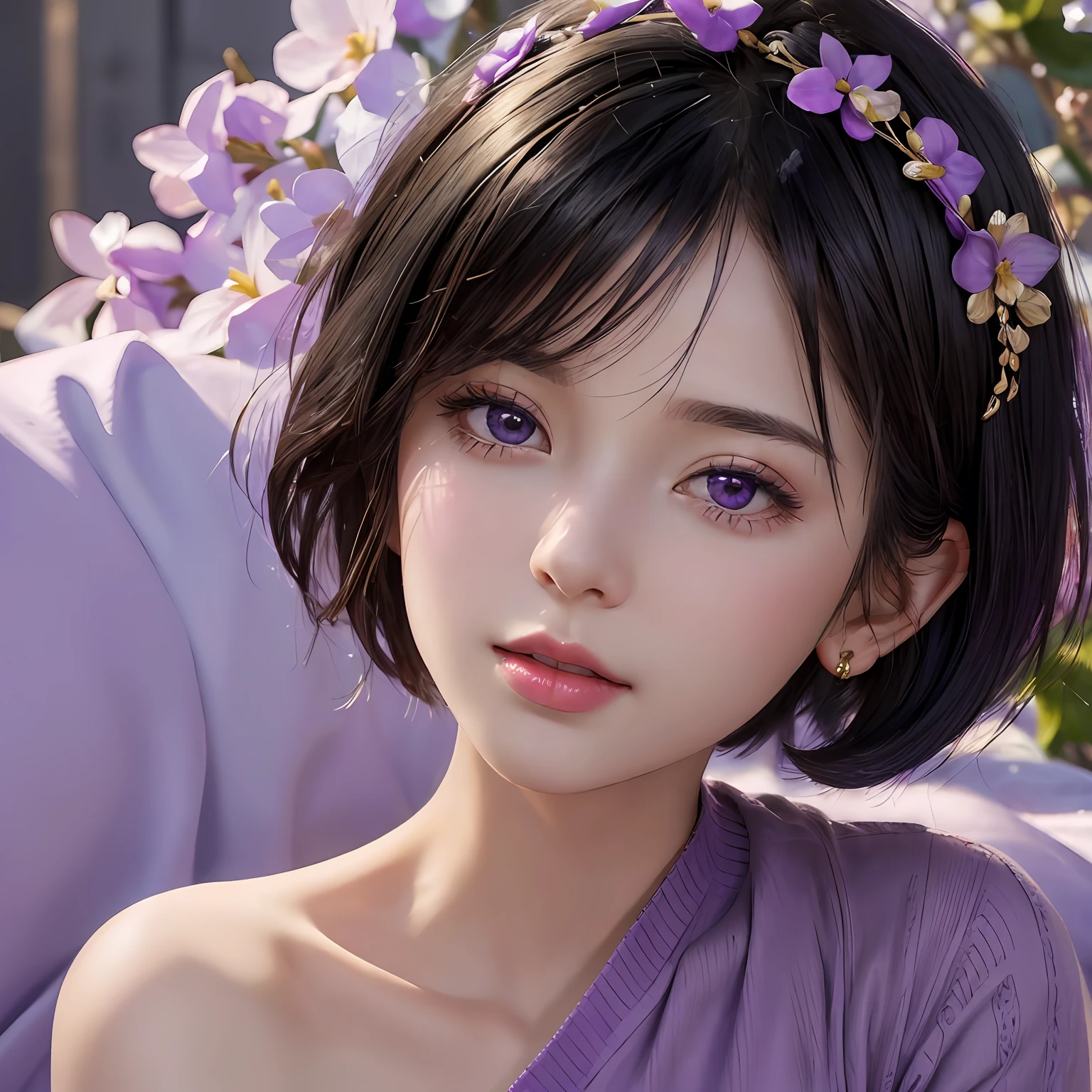 (Masterpiece:1.3), (8K, Photorealistic, RAW photo, Best quality: 1.4), (1girll), Beautiful face, (Realistic face), (Black hair, Short hair:1.3), Nice lilac hair color，Wears a purple garland on his head，photorealistic eye，Nice detail eyes，Sexy red lips，Violet flowers clean and refreshing background（Realistic face Realistic skin），Beautiful skins，Purple dress（Sweaters），Romantic purple atmosphere，enticing，超高分辨率，Ultra photo realsisim，The is very detailed，the golden ratio