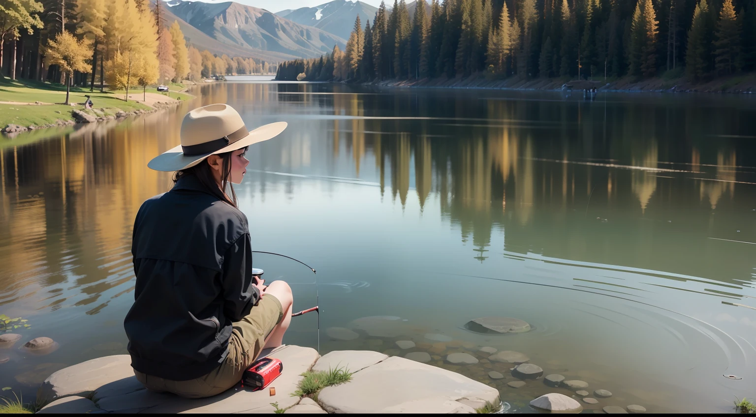 Alafi sits on a rock by the lake,Hold the fishing rod, sitting at a pond, sentado em frente a um lago, Fishing, is playing happily, people angling at the edge, Lake environment, sittinng on the river, photo taken with provia, Colorado, is playing happily, mirror lake, on the lake, gazing at the water
