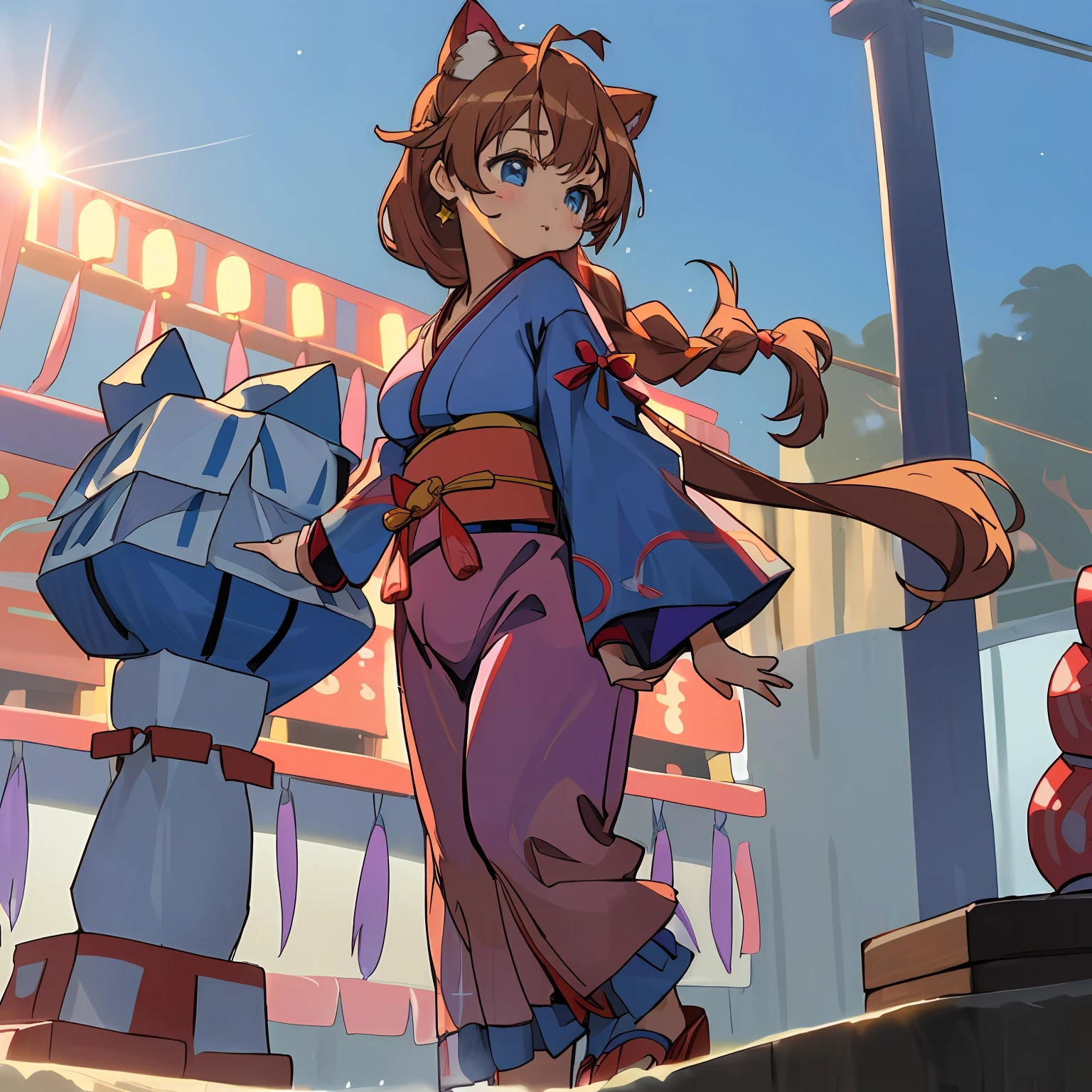 (Highly detailed CG Unity 8k wallpaper), (Best Quality), (Super Detail), (Best Illustration), (Best Shadow), POV, Realistic lighting and shading, Natural light, Lens flare effect, BREAK, 1 beautiful girl, Solo,(Cute:1.5),(Chibi:0.8), (kawaii:1.5),(Lori:0.5), BREAK, ( (17 years old girl), Very detailed, colourfull, highest details, BREAK, (Huge breasts: 1. 2,), Clear skin, Beautiful skin, Shy skin, 1 beautiful girl, Brown hair wet with sweat, (Cat ears, Braids,medium-Long hair: 1. 2), (Light blue eyes, long eyelashes, Double eyelids: 1. 2), Solo, gleaming skin, BREAK,(Komono,bath robe,Dark blue obi kimono:1.2), (White ruffled bra shows off:1.2), (star-shaped earring:1.1), (Hair ornament in the shape of the moon:1.0), (Red clogs:1.3), (Arms spread with high tension:1.1), (is standing,Slouched:1.3), Taking off your t-shirt, (Angle from below,Emphasizes cleavage:1.1), BREAK, (omatsuri:1.2),(Large square,food stand,nightclubs,Bon dance,natta,skyrocket:1.5),