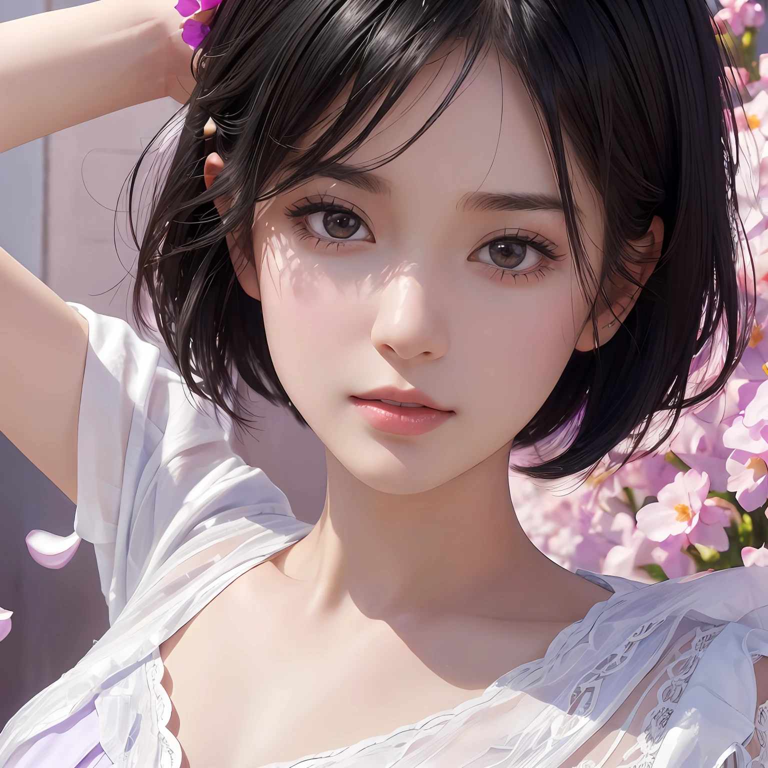 (Masterpiece:1.3), (8K, Photorealistic, RAW photo, Best quality: 1.4), (1girll), Beautiful face, (Realistic face), (Black hair, short detailed hair:1.3), Beautiful purple hair,Wear flowers on your head,photorealistic eye,Nice detail eyes,Red texture lips,Clean and refreshing background(Realistic face Realistic skin),Beautiful skins,White dress(short- sleeved),Romantic purple atmosphere,enticing,超高分辨率,Ultra photo realsisim,The is very detailed,the golden ratio