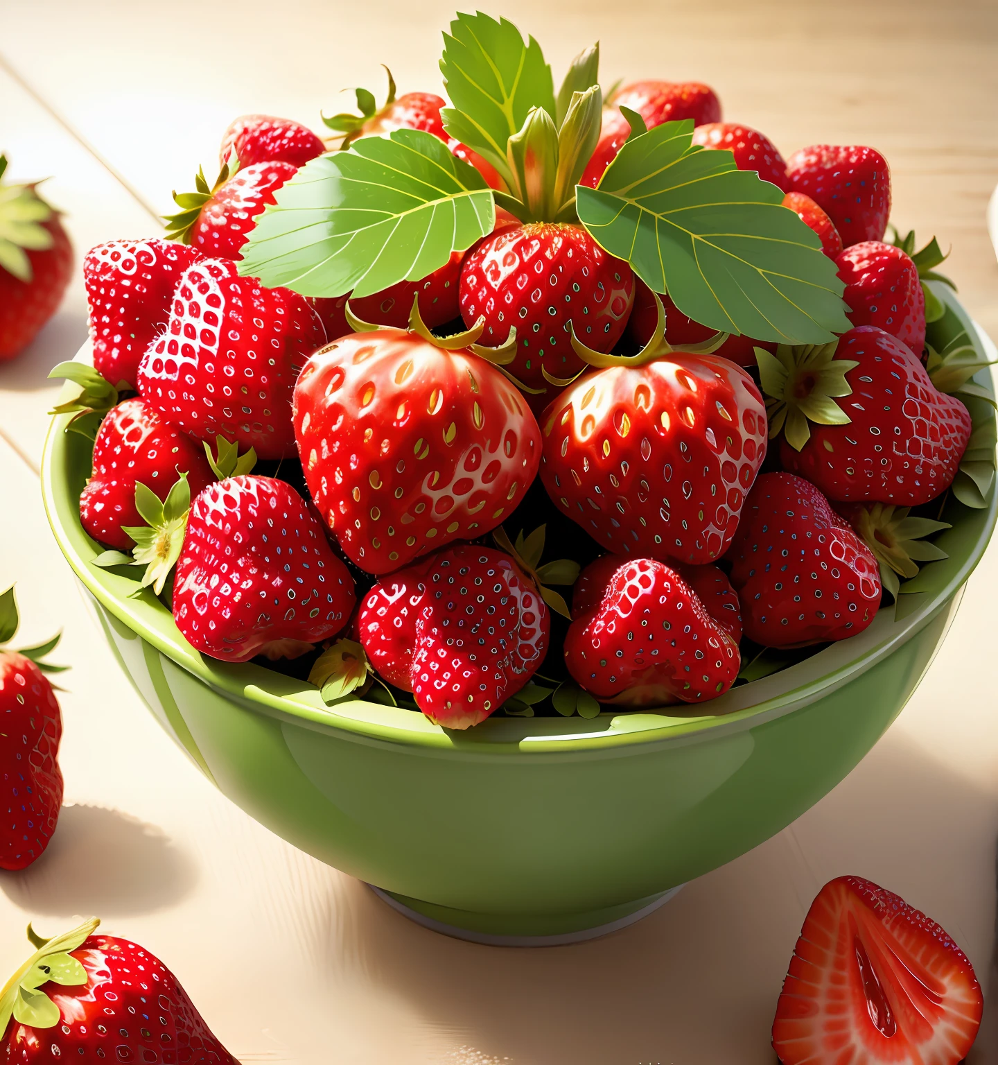 Close-up of strawberries,There is a green leaf on it, Strawberry, fight with strawberries, morango, strawberry fields forever, strawberry embellishment, strawberry granules, professional fruit photography, next to sliced strawberries, strawberry ninja, holding a giant strawberry, an award winning masterpiece, rendering, Renders, author:Matt Stewart, aaaaaaaaaax, fruit celebrity, fresh, Fruit